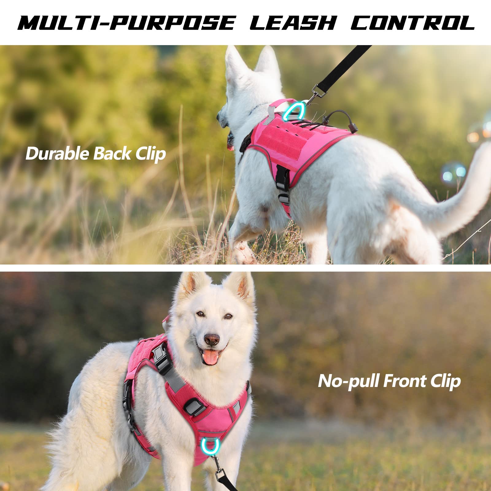WINGOIN pink tactical dog harness handle close-up shows strong grip for quick control.