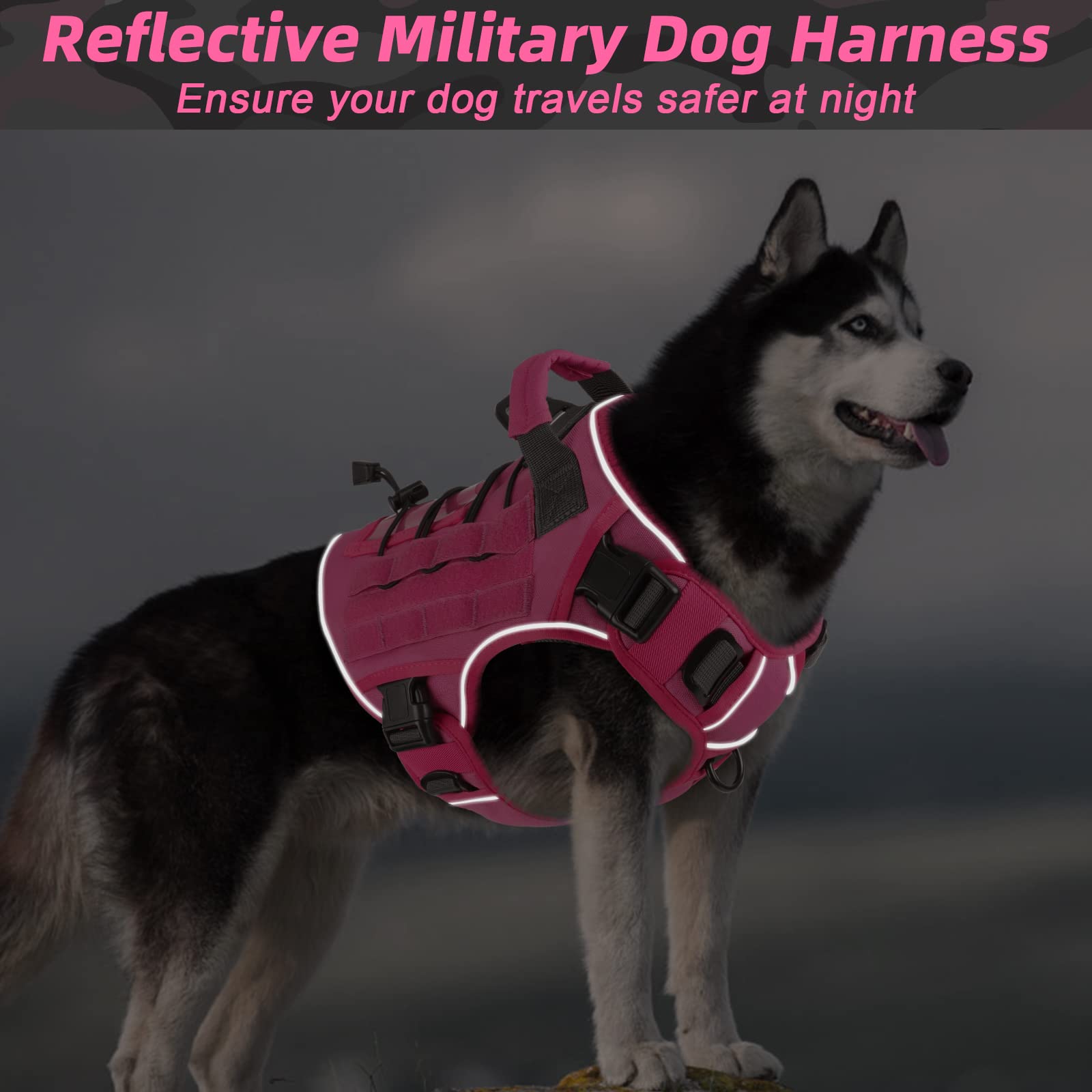 WINGOIN pink tactical dog harness reflective strip enhances night visibility.
