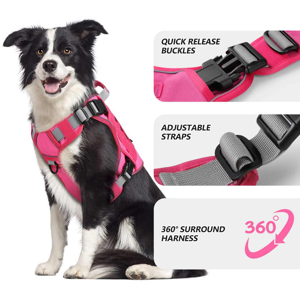 WINGOIN pink tactical dog harness side view highlights no-pull design for comfortable training.
