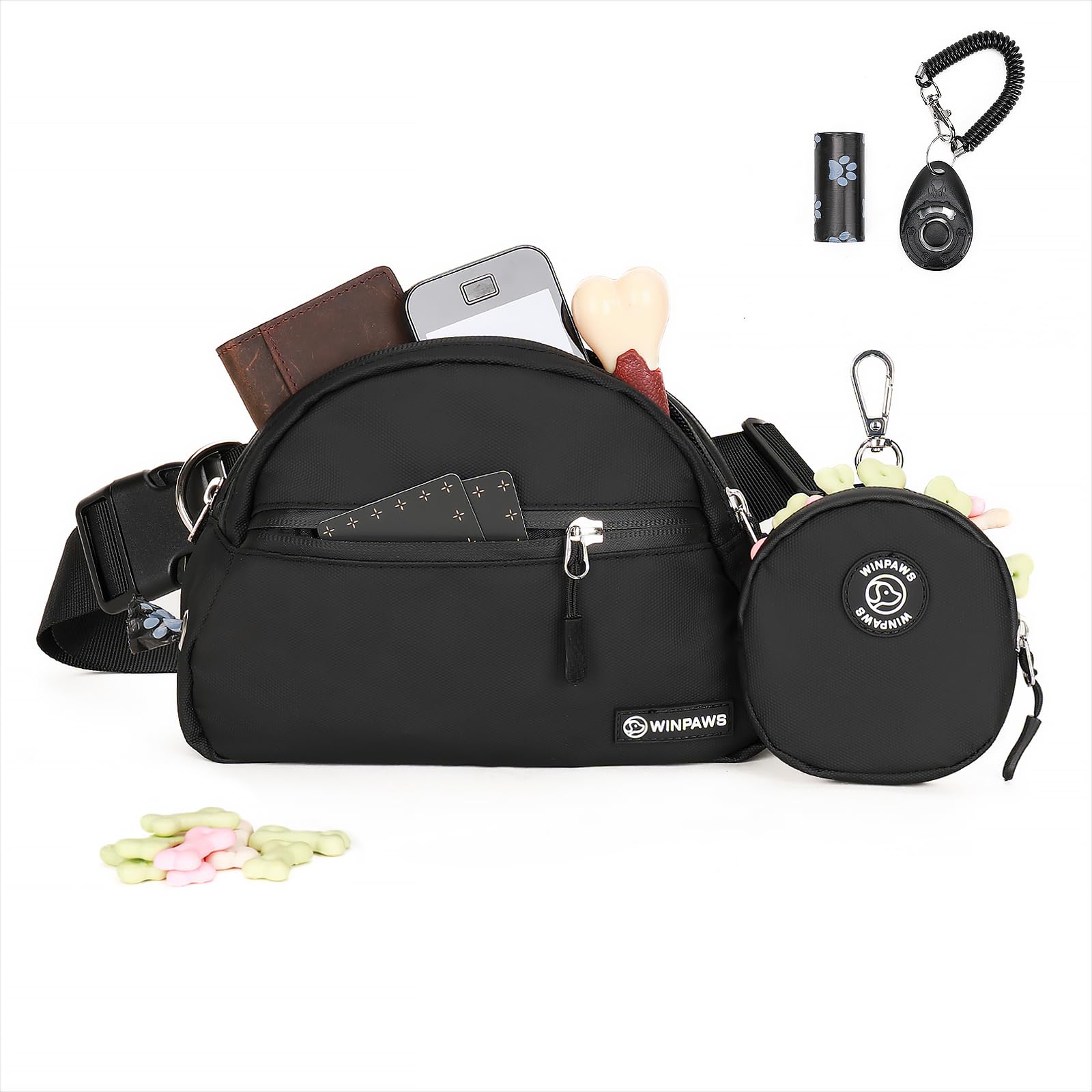 WINPAWS dog treat pouch front view with poop bag holder for hands-free walks