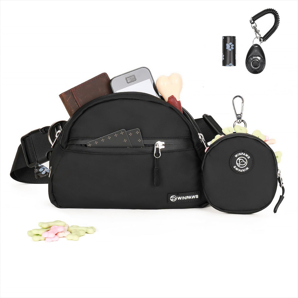 WINPAWS dog treat pouch front view with poop bag holder for hands-free walks
