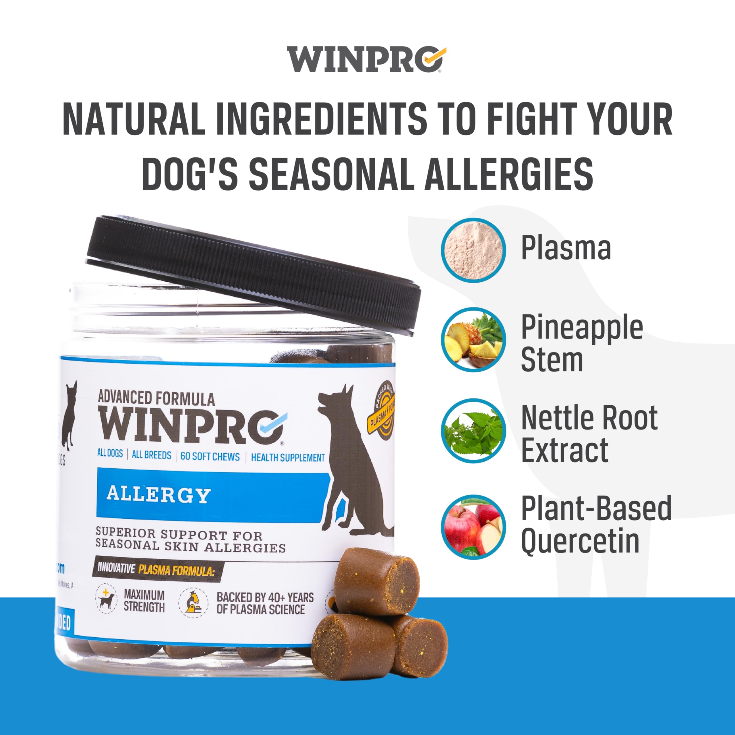 WINPRO Allergy Chews made in USA with plasma-based blend.