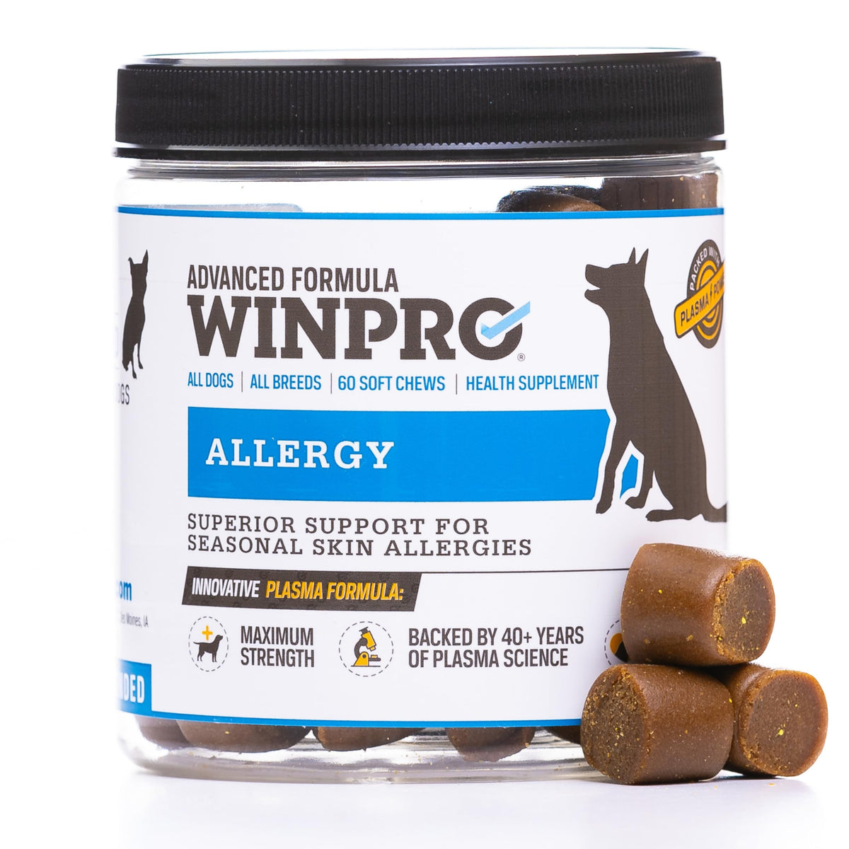 WINPRO Allergy Chews packaging shows grain-free formula for seasonal dog support.