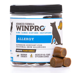 WINPRO Allergy Chews packaging shows grain-free formula for seasonal dog support.
