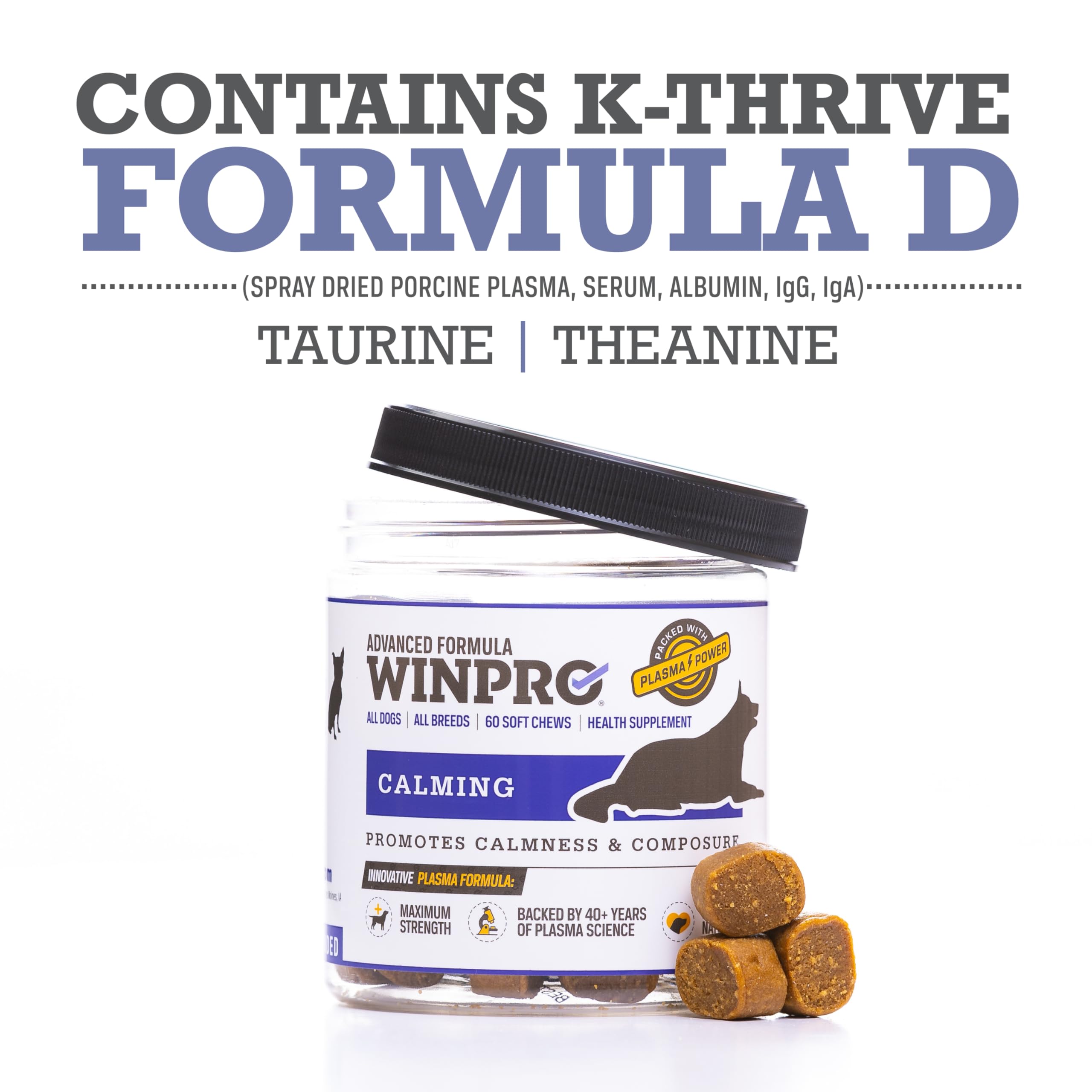 Natural ingredients label on WINPRO Calming Chews highlighting Taurine and Theanine