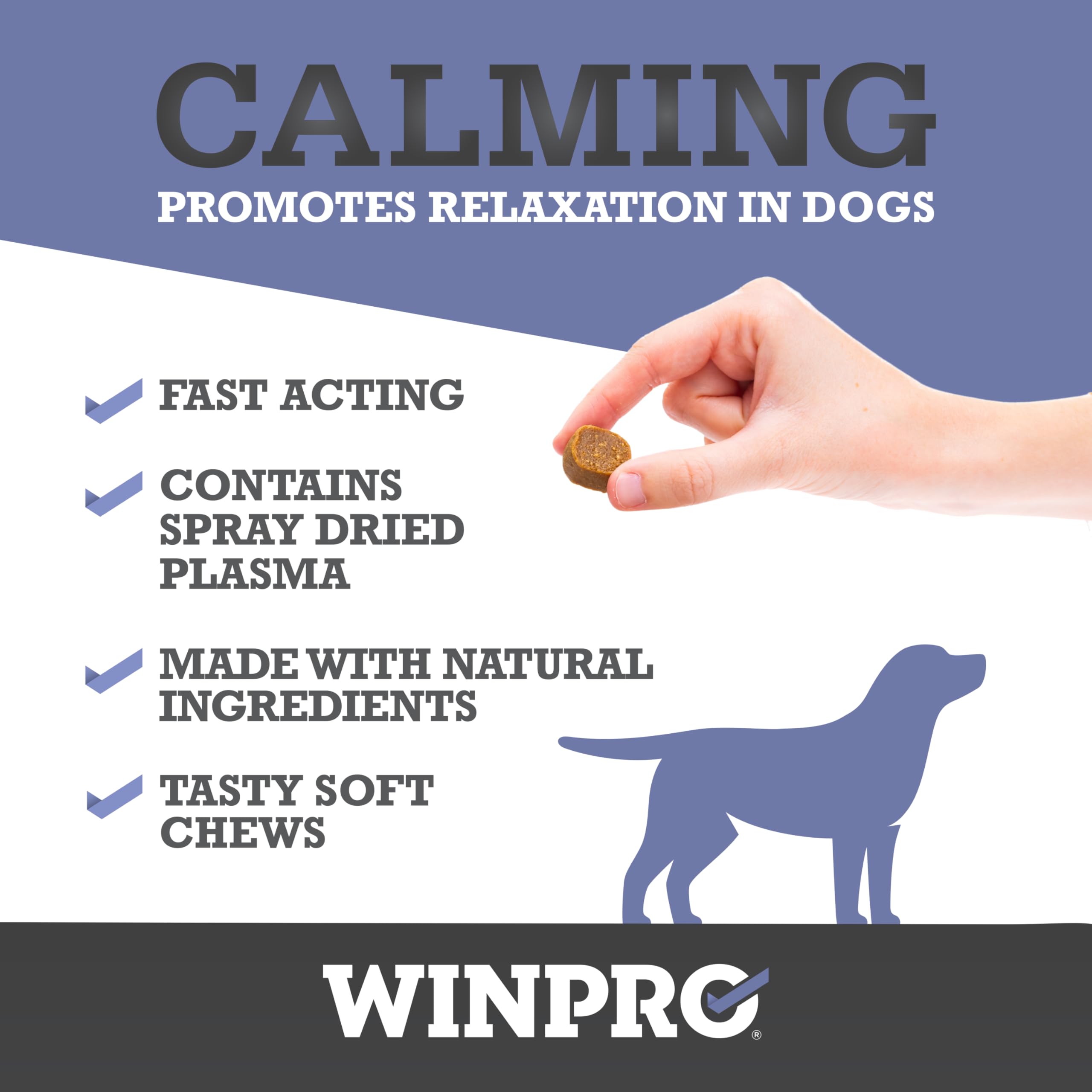 Packaging graphic of WINPRO Calming Chews emphasizing grain-free formula