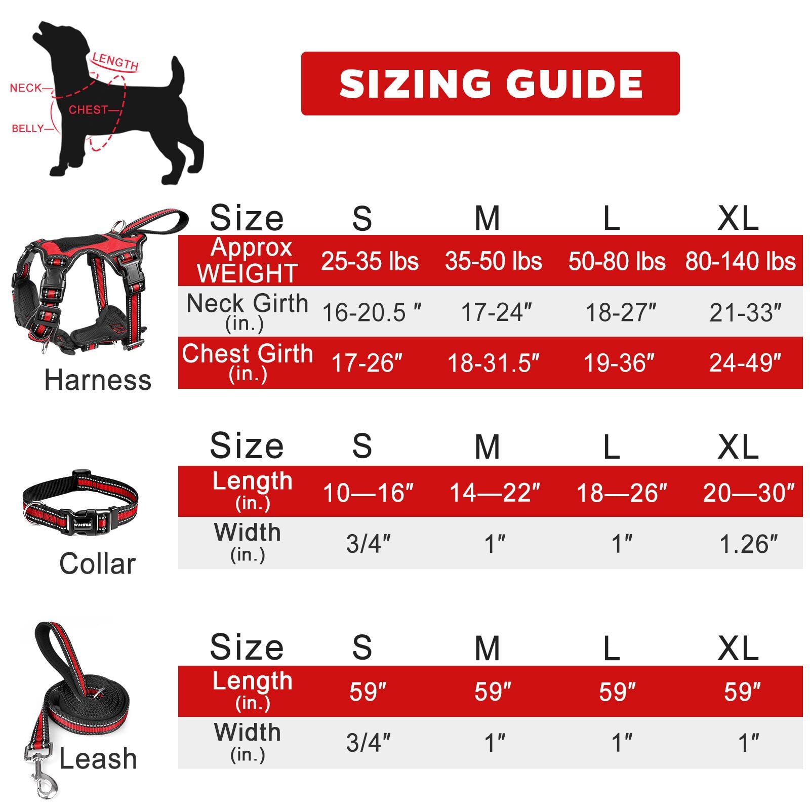 WINSEE medium-size harness fits dogs 35-50 lbs with secure neck and chest.