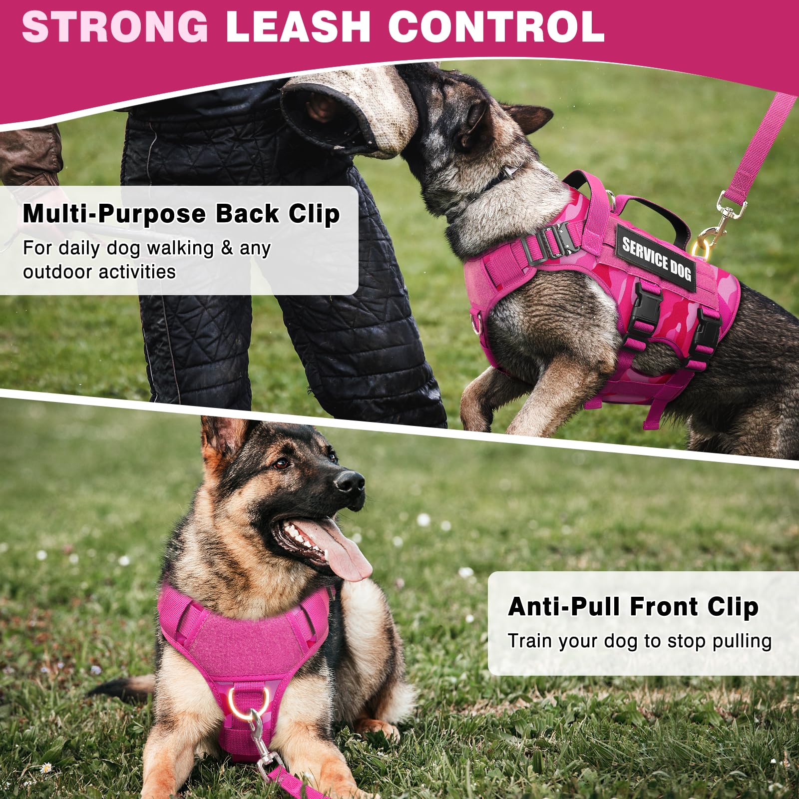 WINSEE service dog vest anti-pull front clip enables safer, controlled walking sessions.