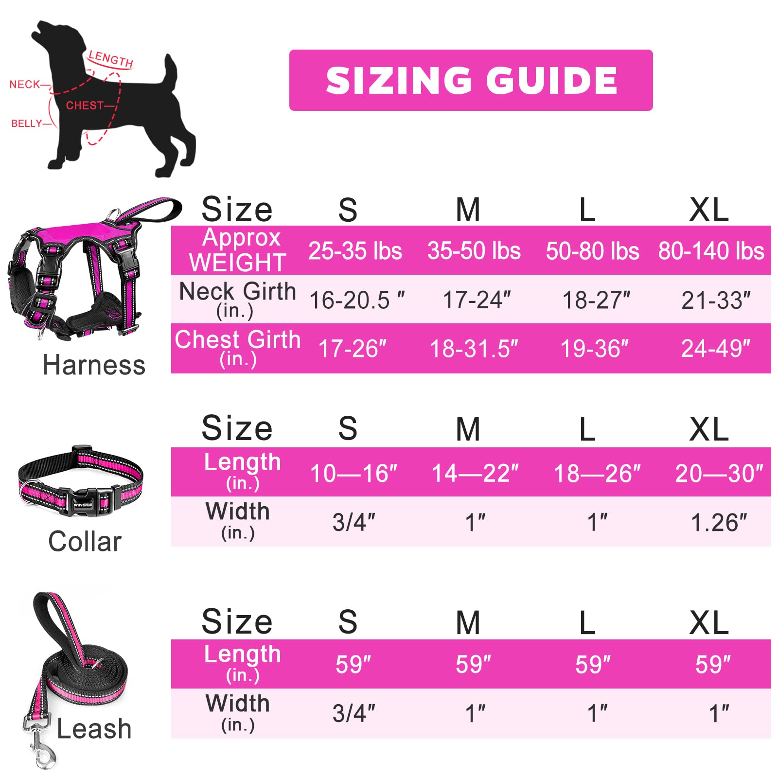 WINSEE size guide for medium to XL dogs with weight ranges