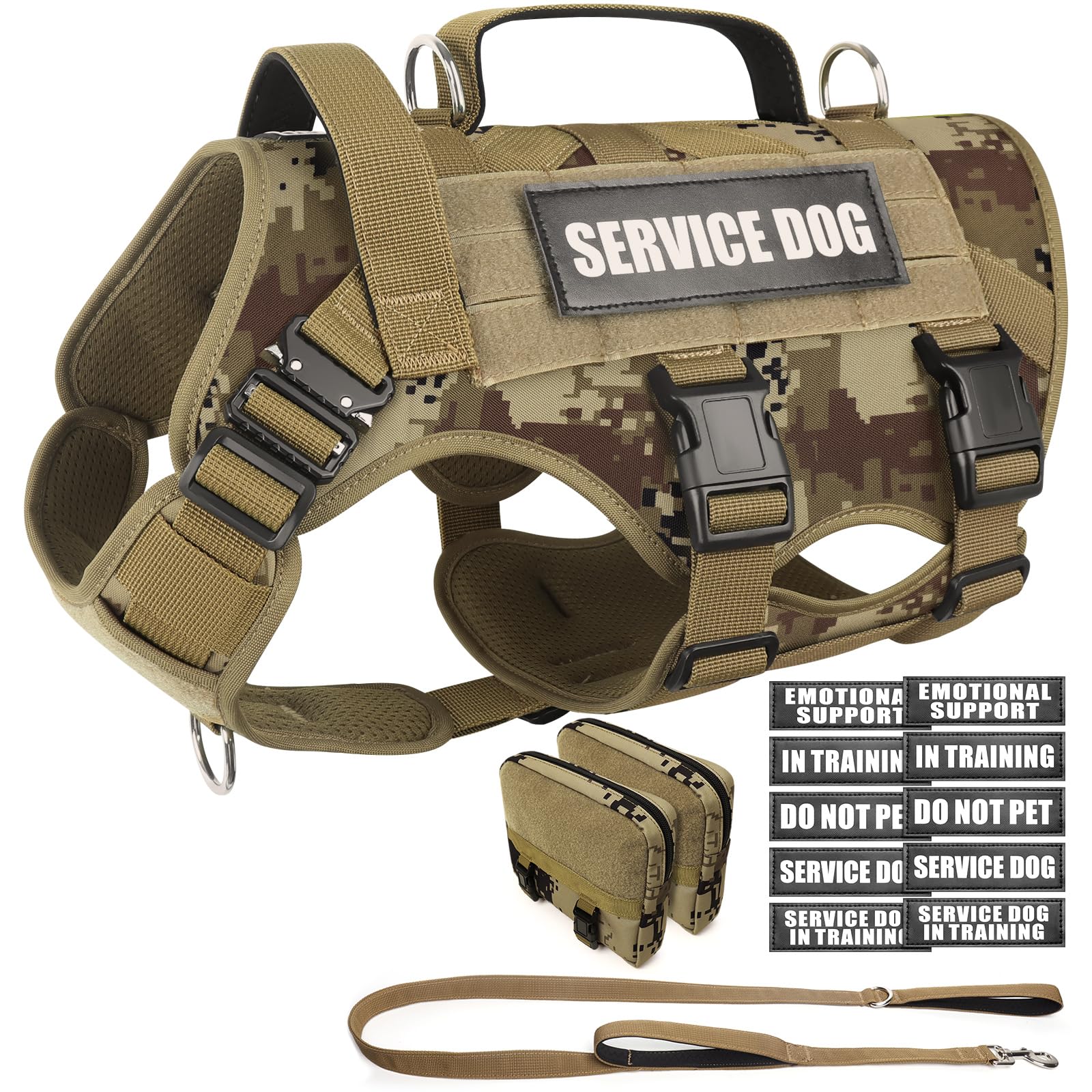 WINSEE tactical dog harness side view showing MOLLE vest and patches for training