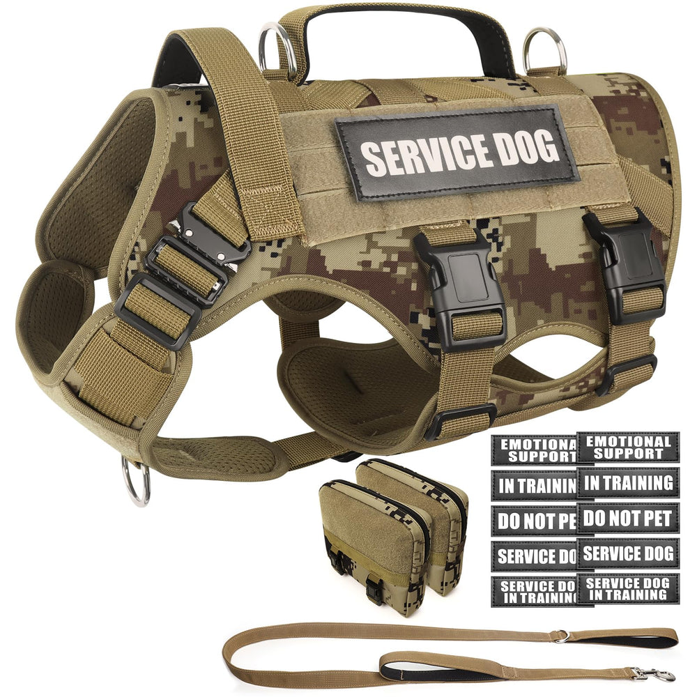WINSEE tactical dog harness side view showing MOLLE vest and patches for training