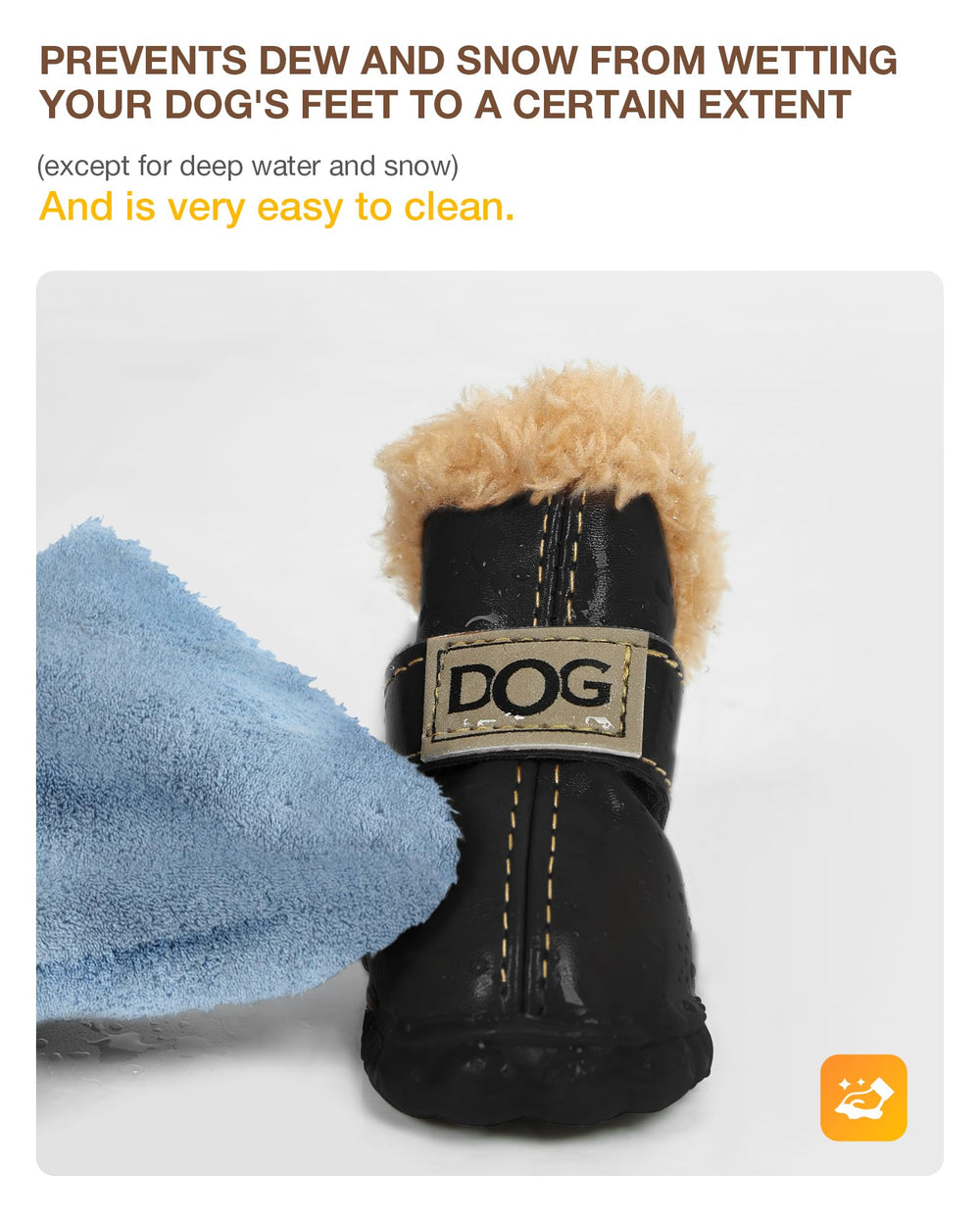 WINSOON black dog shoes worn by an active dog on a snowy walk.
