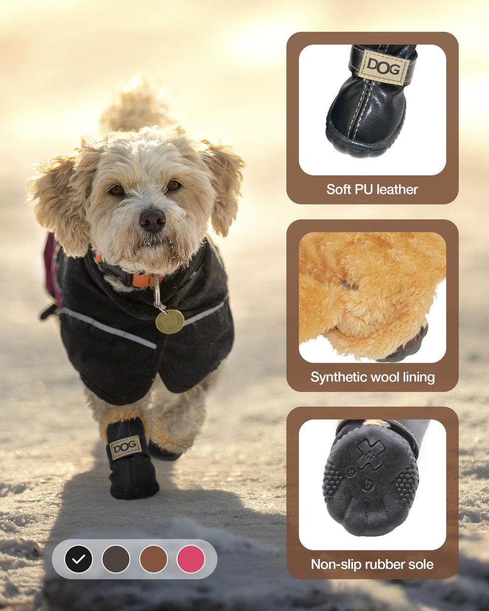WINSOON winter dog boots with Velcro straps for easy on-off wear.