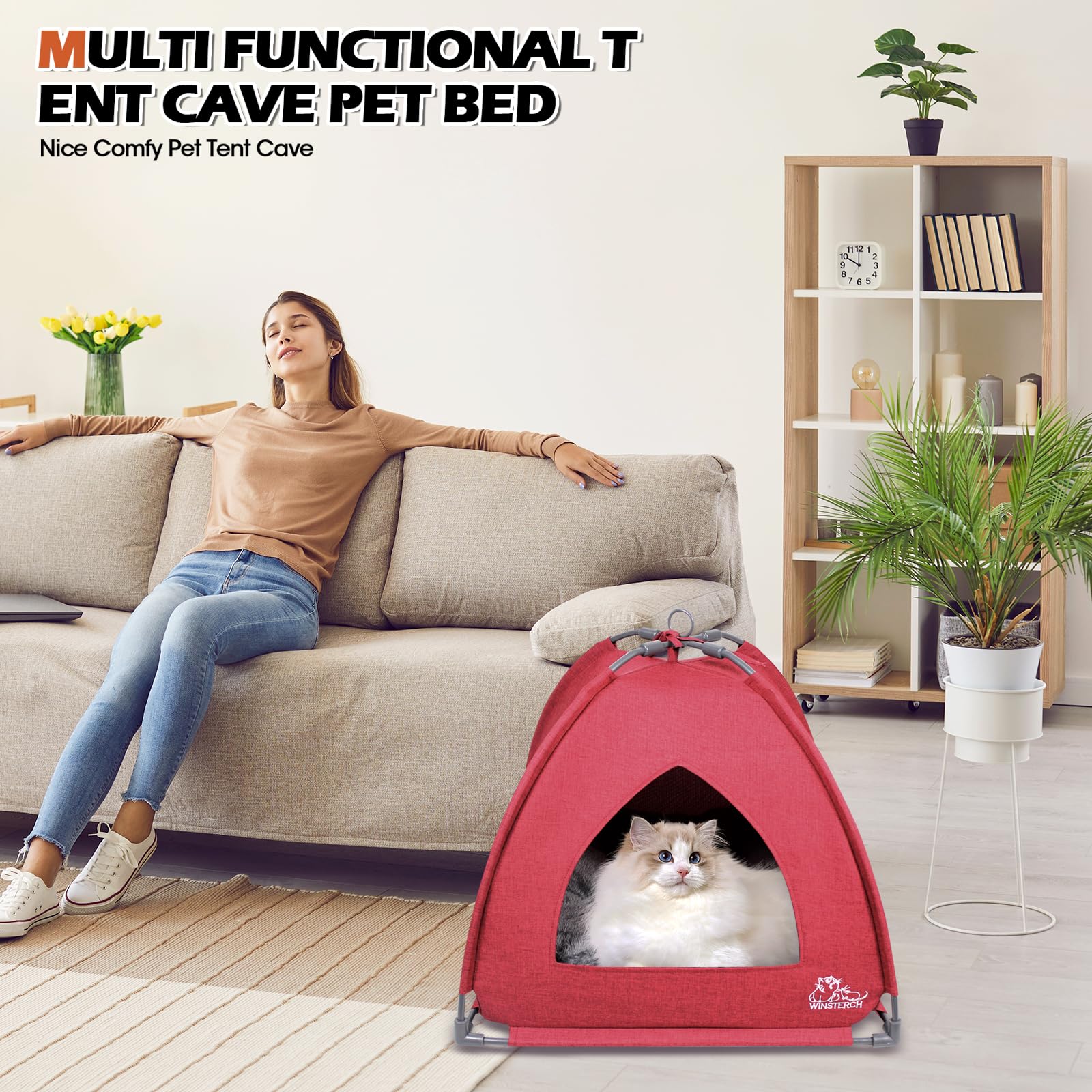 Winsterch Cat Bed Cave with non-skid bottom keeps it stable on smooth floors.