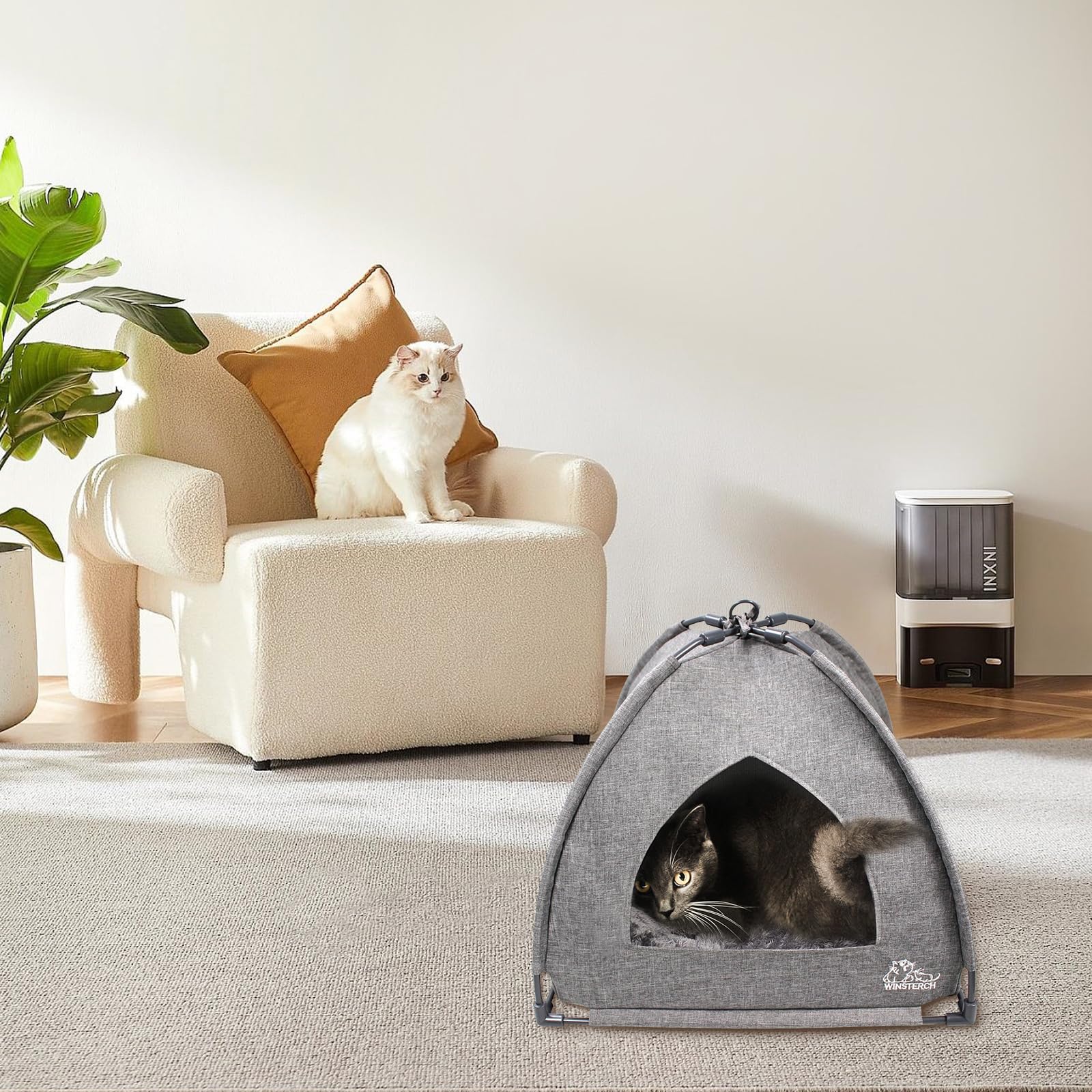 Winsterch DIY assembly grey shows simple setup step for a sturdy cat cave.