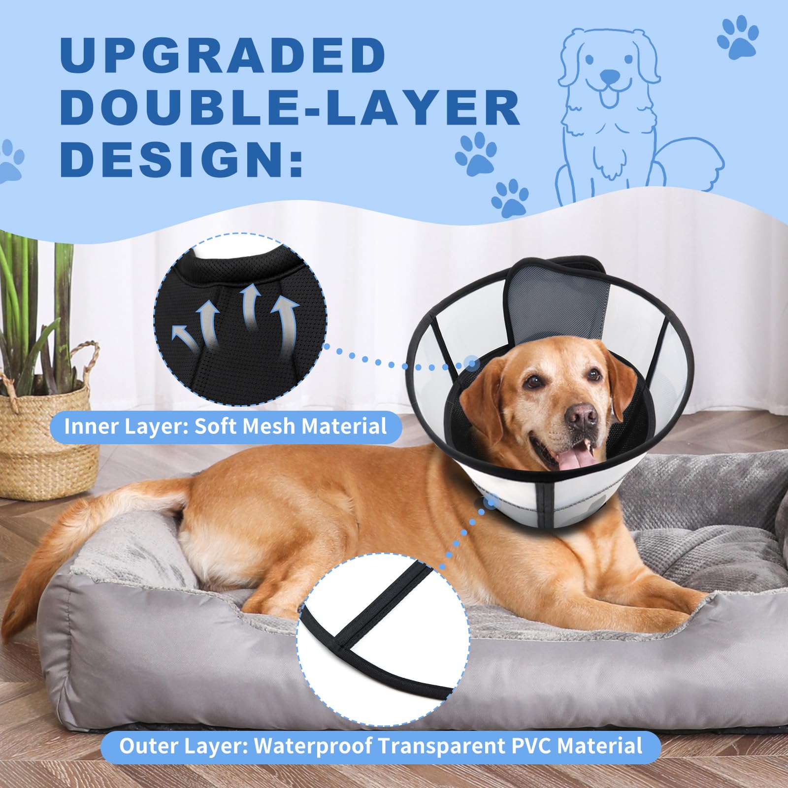 WinWeal dog cone with waterproof outer PVC for easy eating and visibility.