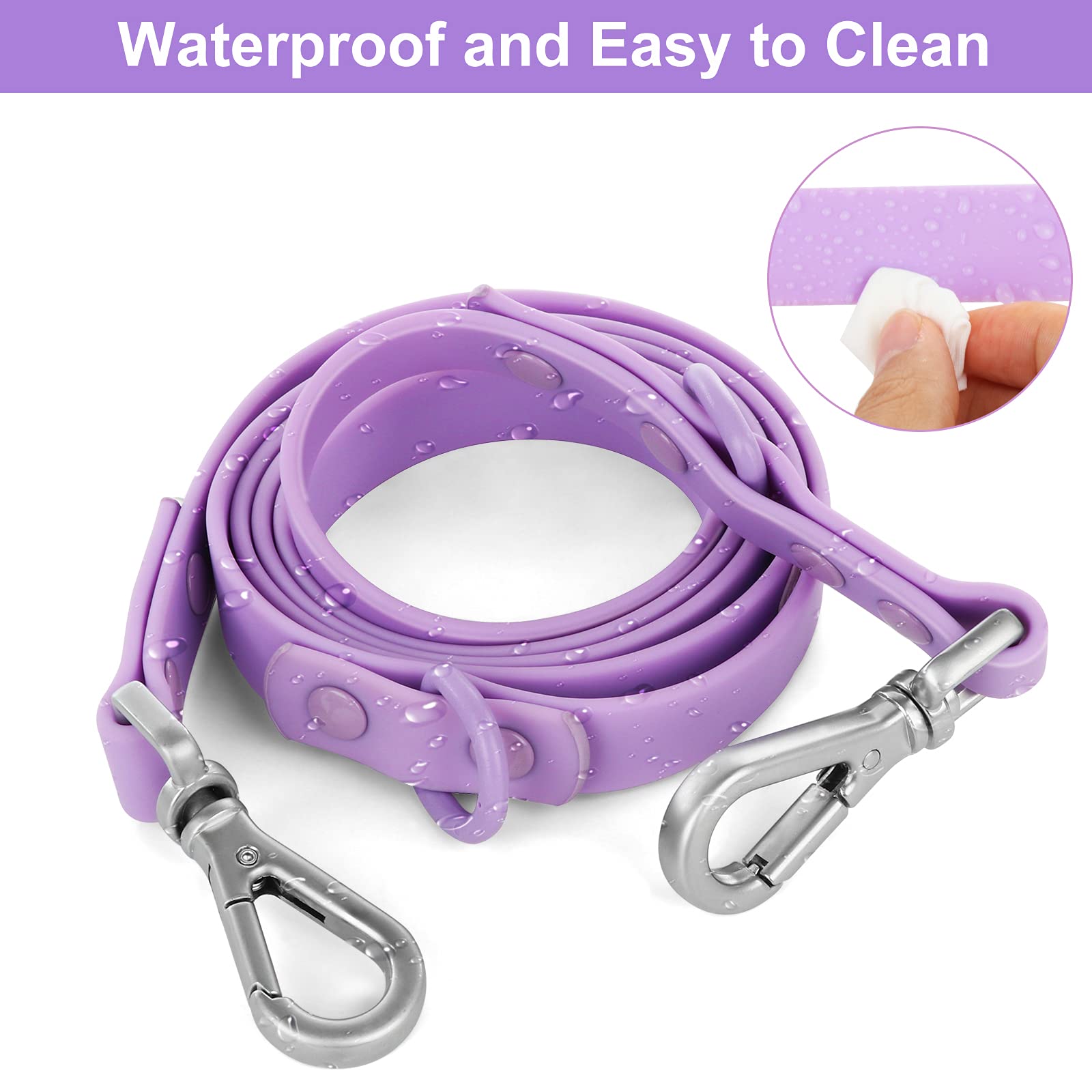 Wisedog lilac waterproof leash dual-swivel close-up emphasizes corrosion-resistant hardware.