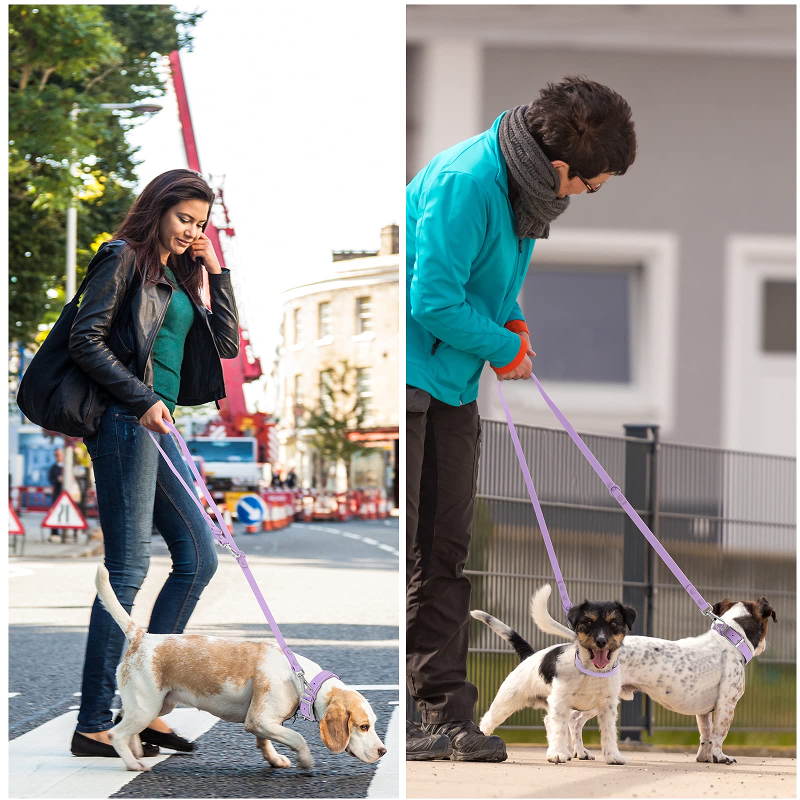 Wisedog lilac adjustable leash image highlights 5ft/6ft length versatility.
