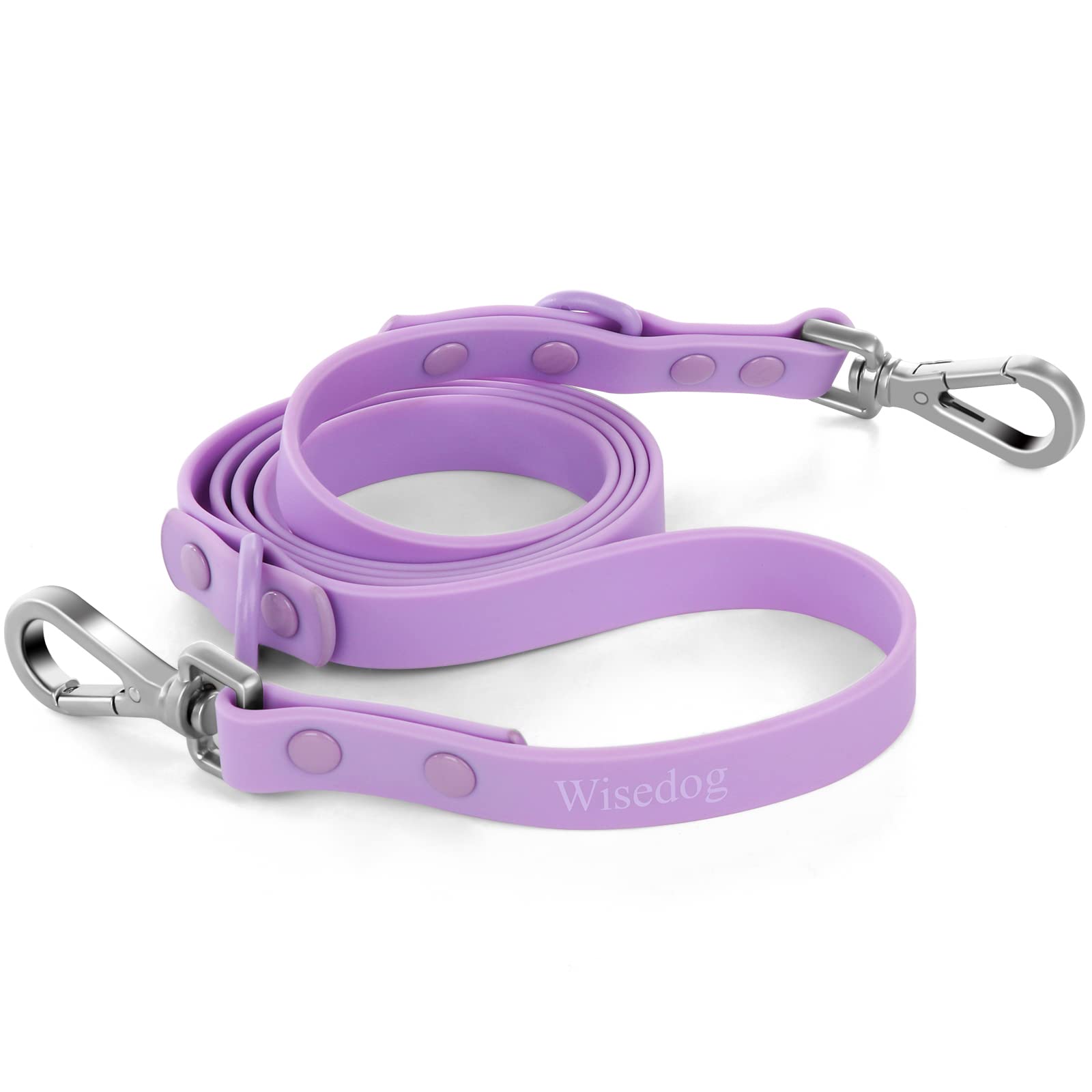 Wisedog lilac waterproof leash front view shows sturdy grip and dual swivel hooks for secure walking.