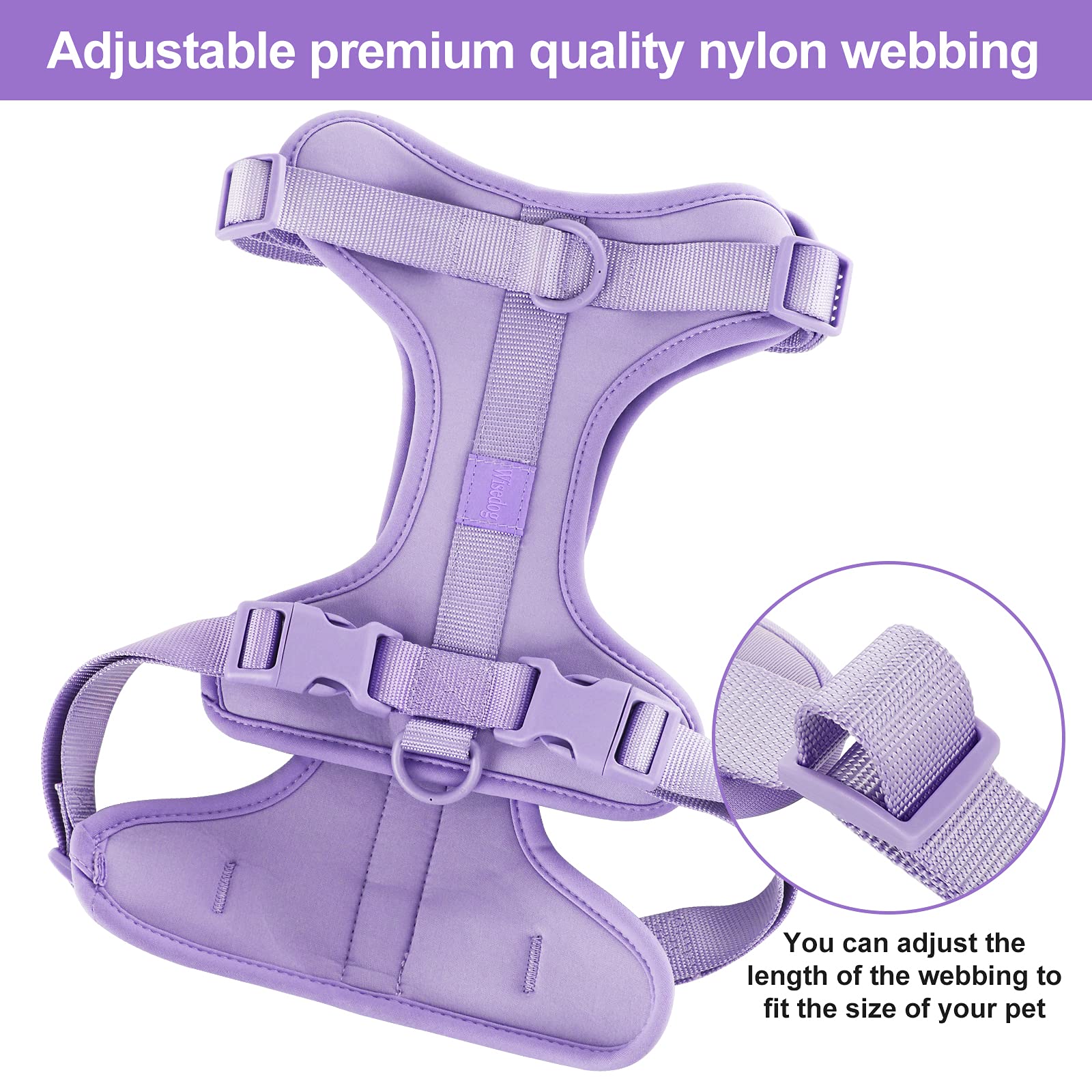 Wisedog No Pull Harness adjustable nylon webbing for a snug fit.