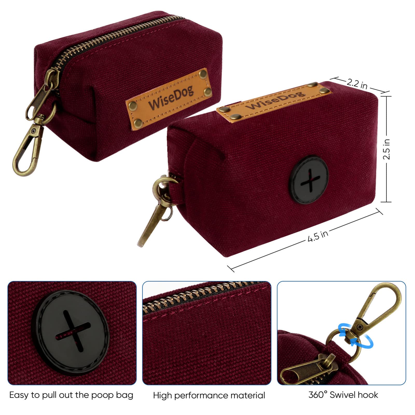 Wisedog poop bag dispenser attached to leash for quick cleanup.