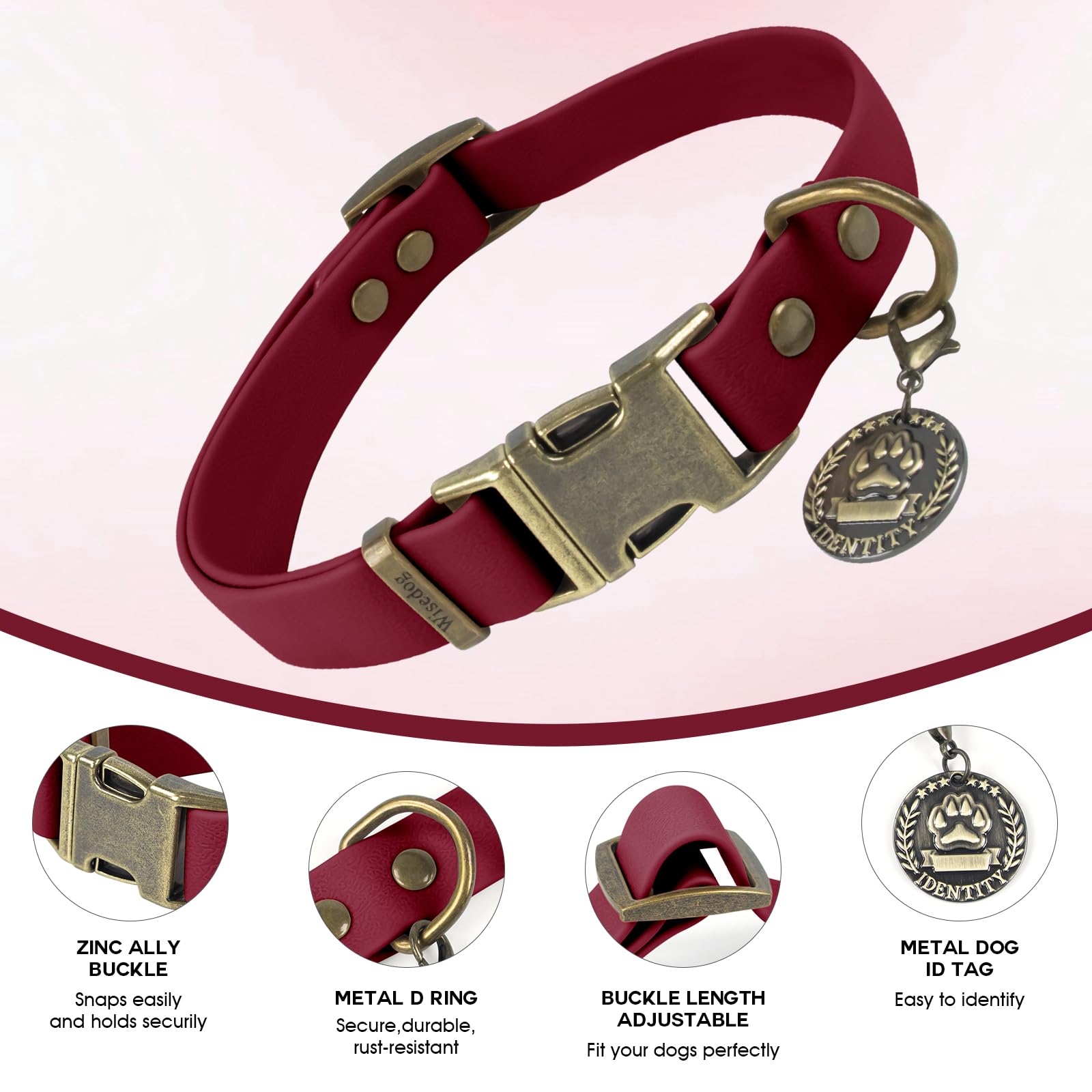 Wisedog rubber dog collar burgundy buckle close-up highlighting quick-release for easy on/off.