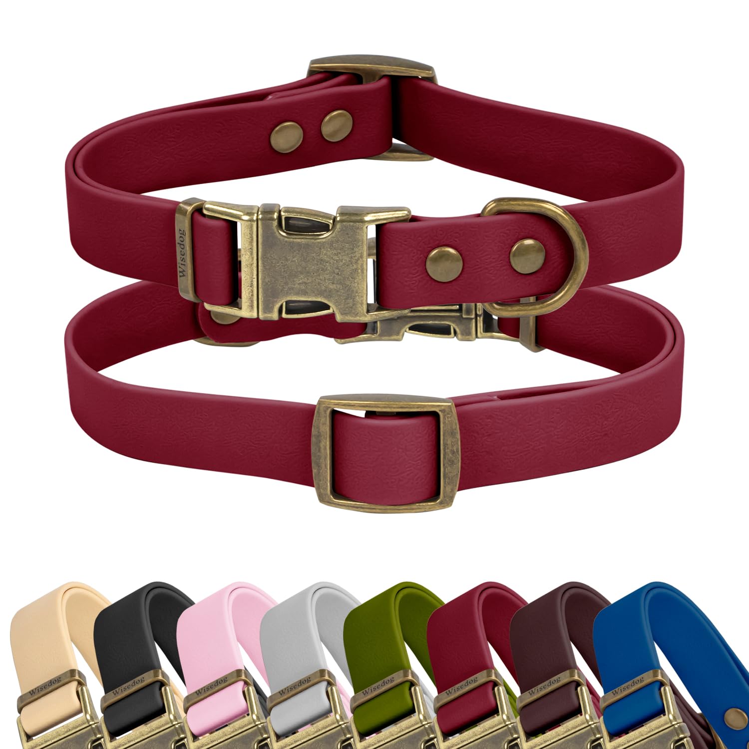 Wisedog rubber dog collar front view shows burgundy color with secure fit for daily outdoor walks.