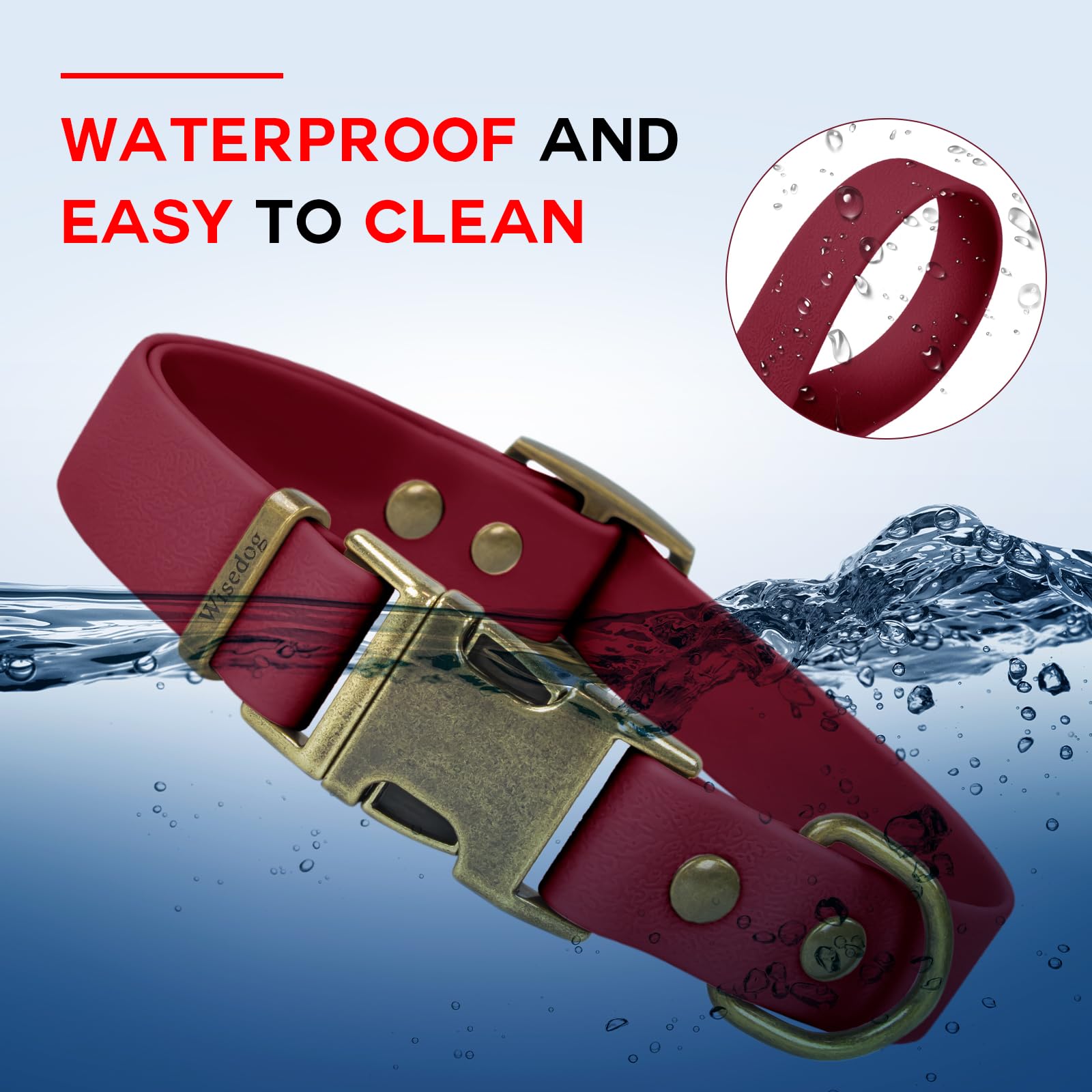 Wisedog rubber dog collar burgundy waterproof material close-up emphasizes moisture resistance after rain.
