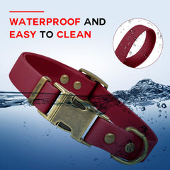 Wisedog rubber dog collar burgundy waterproof material close-up emphasizes moisture resistance after rain.