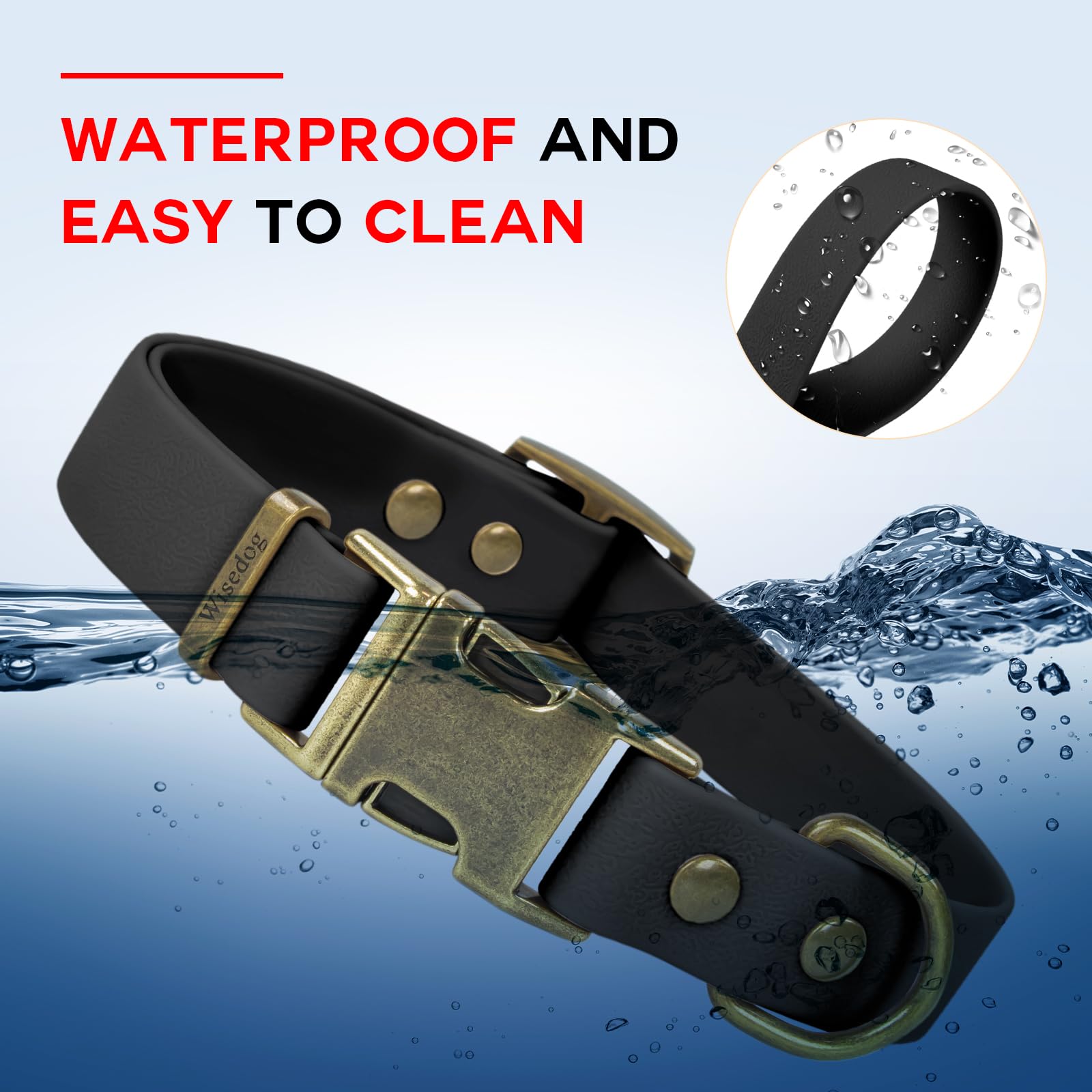 Wisedog collar front D-ring provides secure leash attachment.