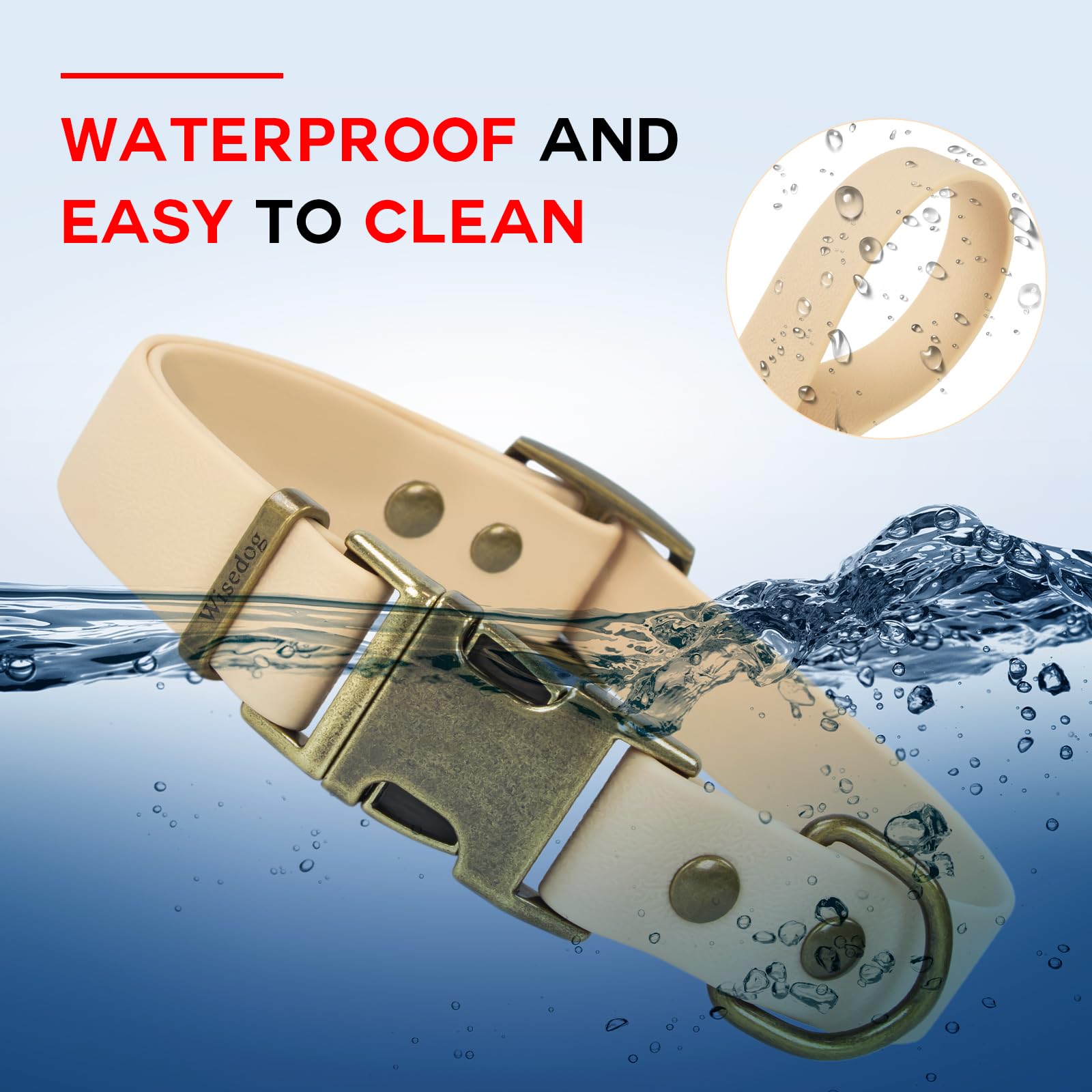 Wisedog rubber dog collar waterproof nylon blocks moisture after rain or swims.