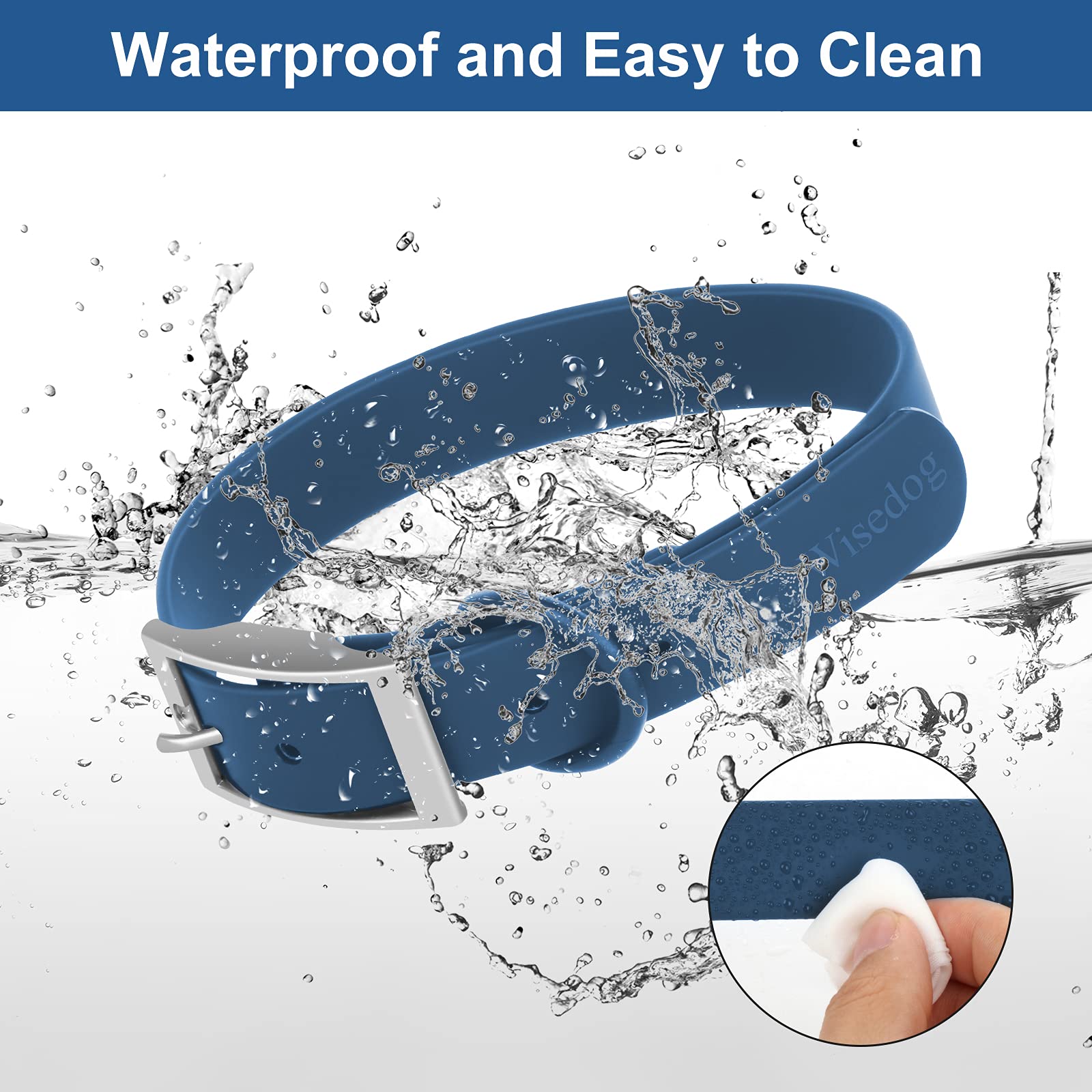 Wisedog waterproof dog collar blue close-up shows soft rubber coating