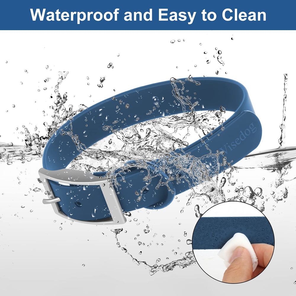 Wisedog waterproof dog collar blue close-up shows soft rubber coating