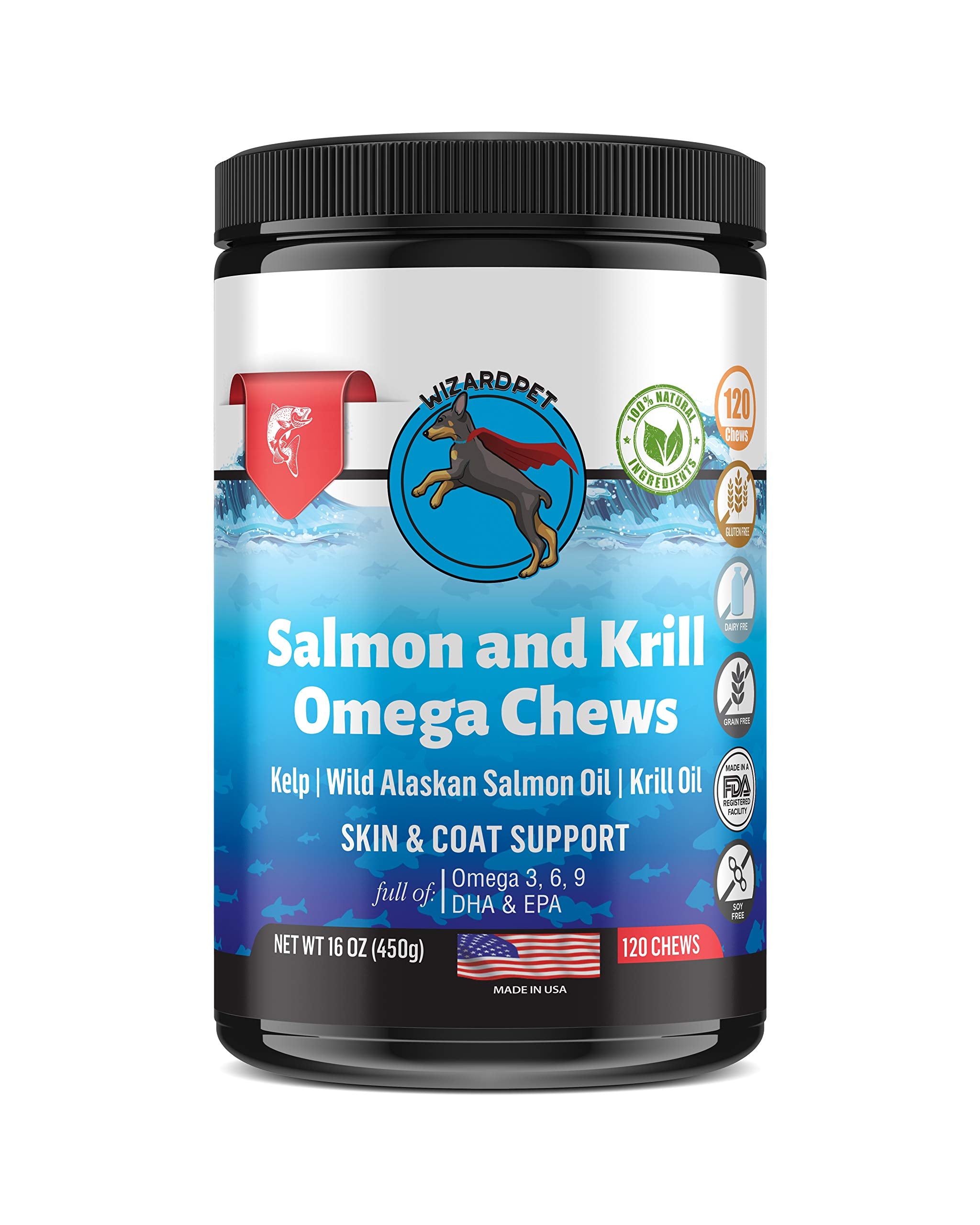 WIZARDPET wild-alaskan-salmon-krill-oil-chews-jar: convenient daily treats for dogs' coat and joints