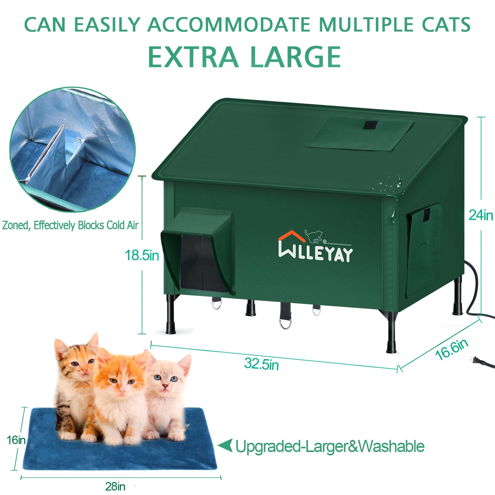 WLLEYAY extra large heated cat house insulated walls cozy shelter for cold-weather lounging