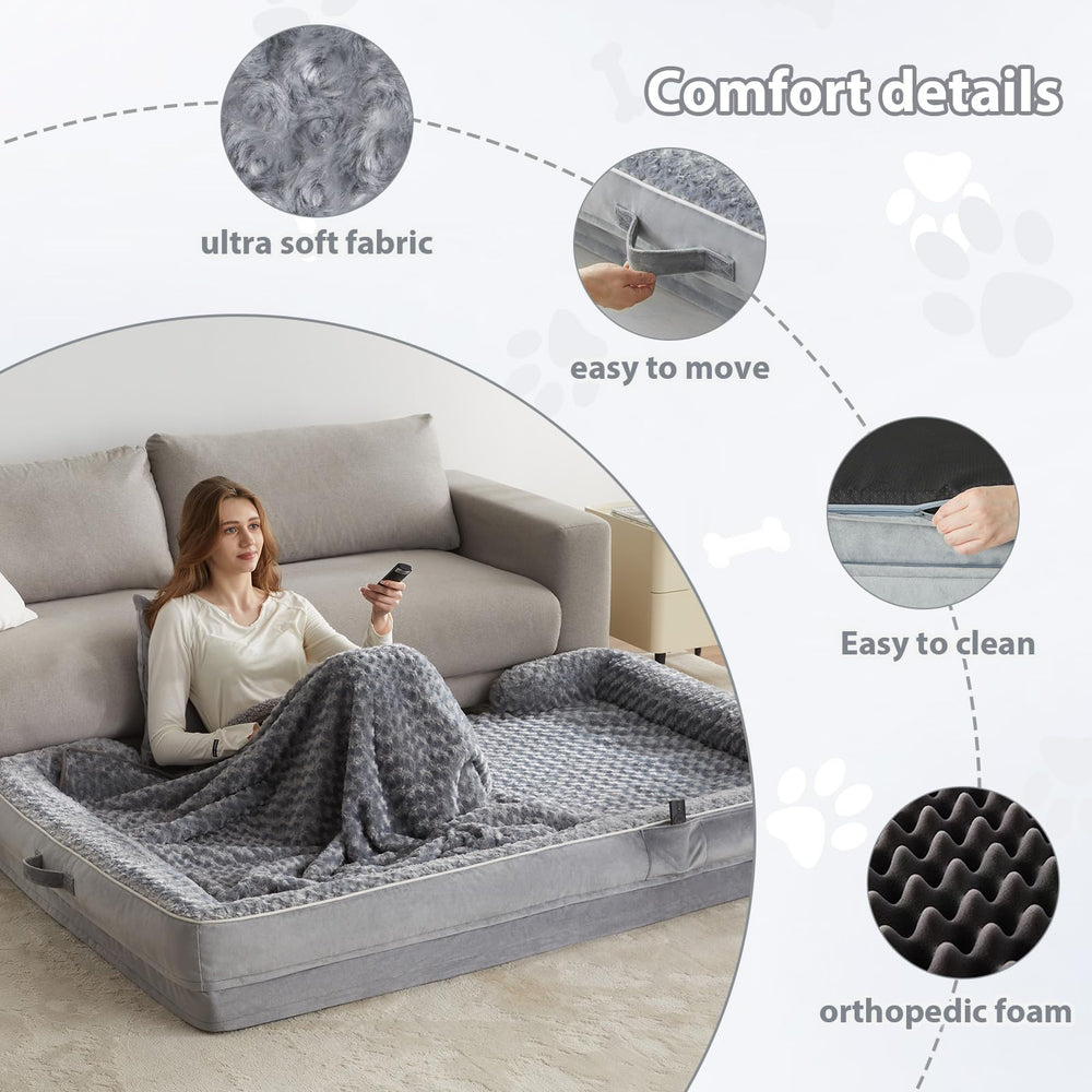 WNPETHOME human dog bed oval gray side bolster closeup emphasizes neck and head support.