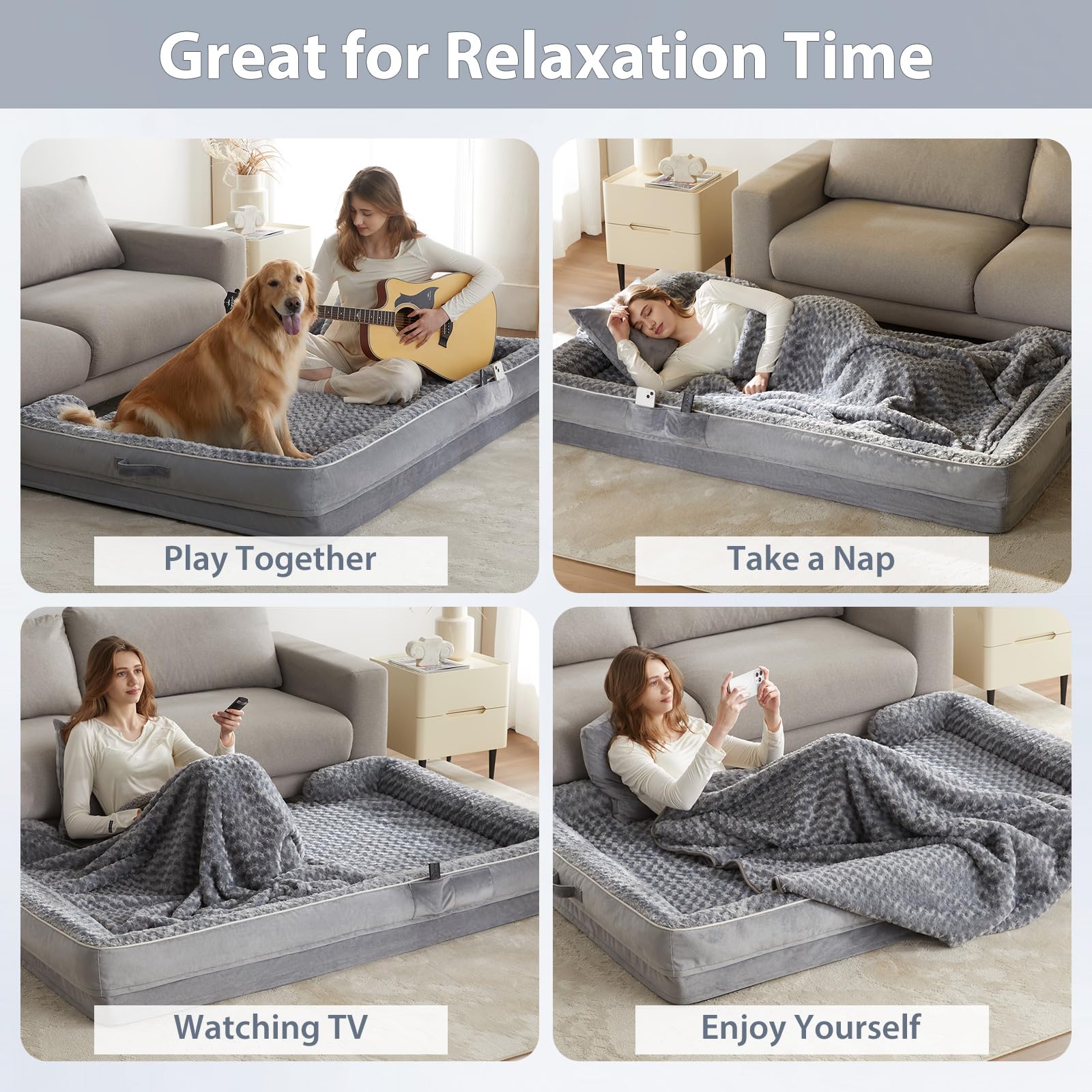 WNPETHOME human dog bed oval gray washable cover image illustrates easy machine washing.