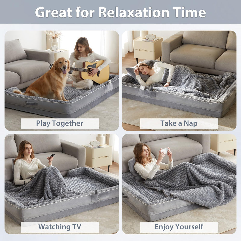 WNPETHOME human dog bed oval gray washable cover image illustrates easy machine washing.
