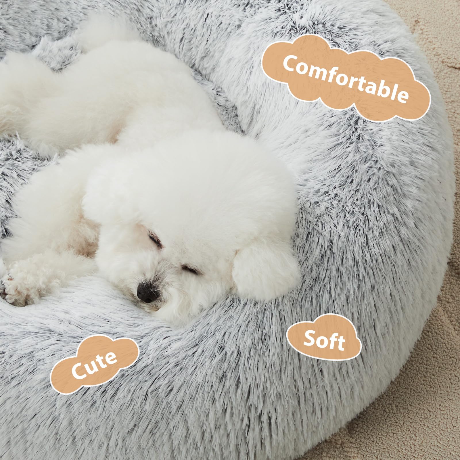WNPETHOME Calming Donut Bed faux fur closeup highlighting plush texture.