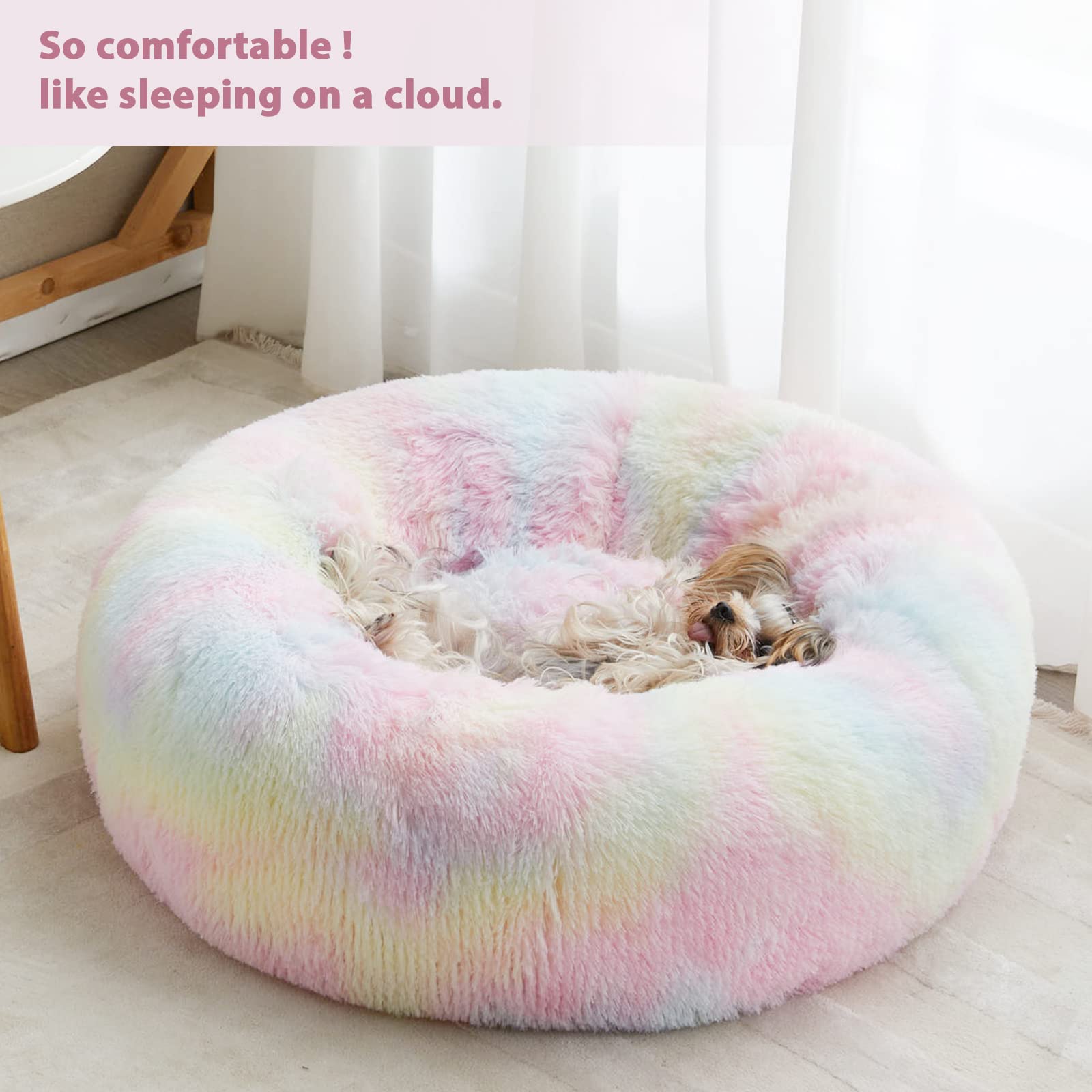 WNPETHOME calming dog bed rainbow side view shows plush round cuddler for snuggle comfort.