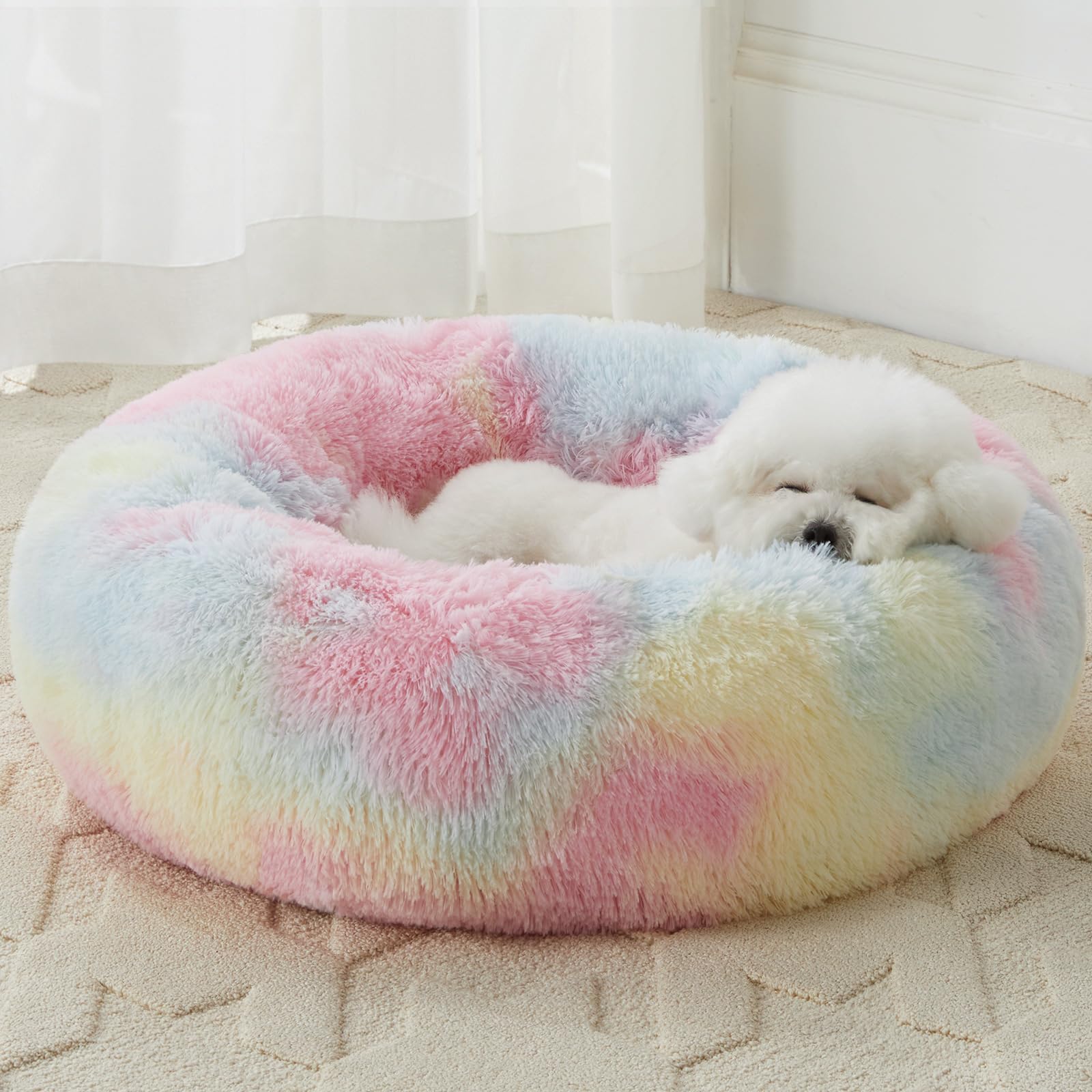WNPETHOME calming donut bed rainbow front view offers cozy lounging and calming vibes.