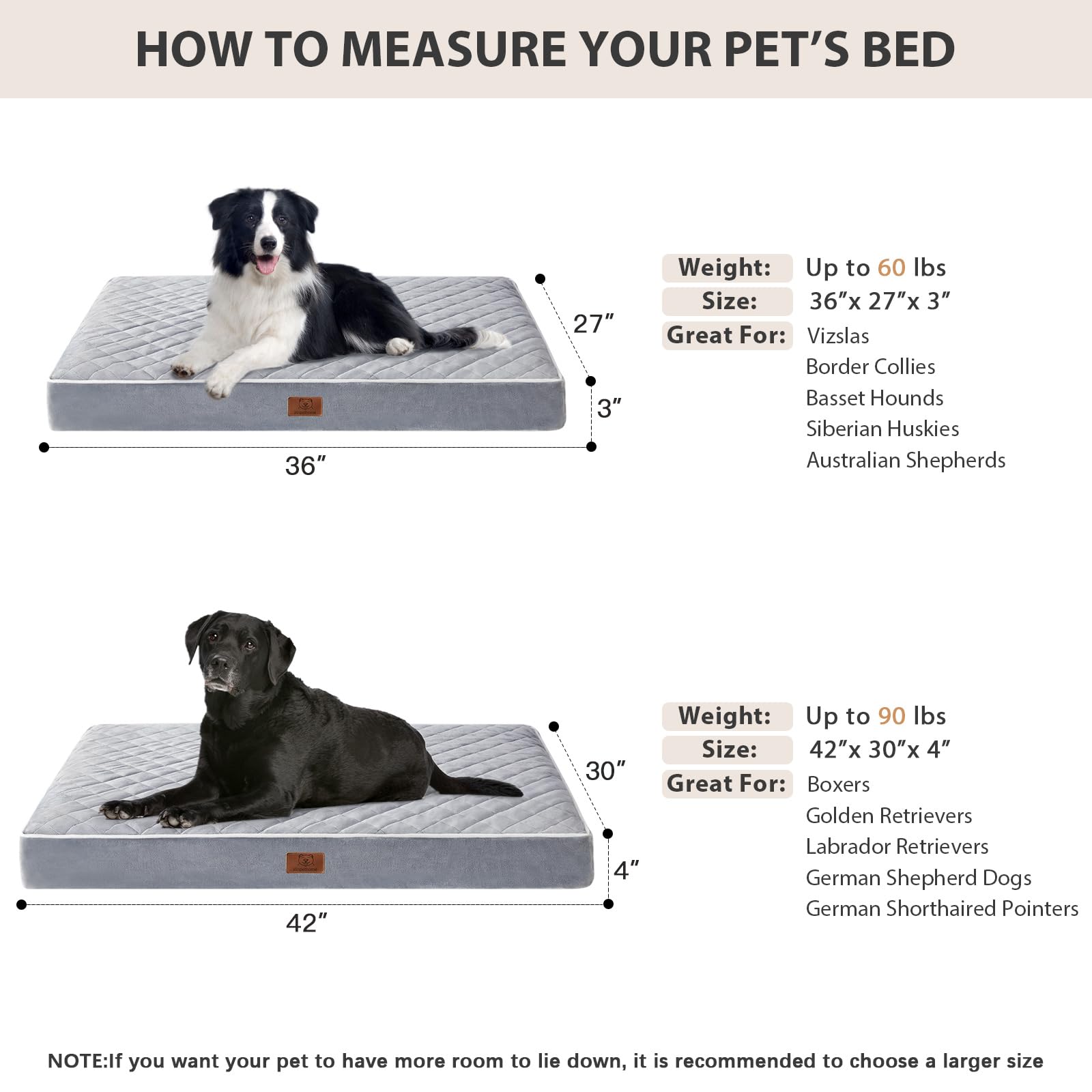 WNPETHOME 36x27x3 inches size suits medium to large breeds for roomy comfort.