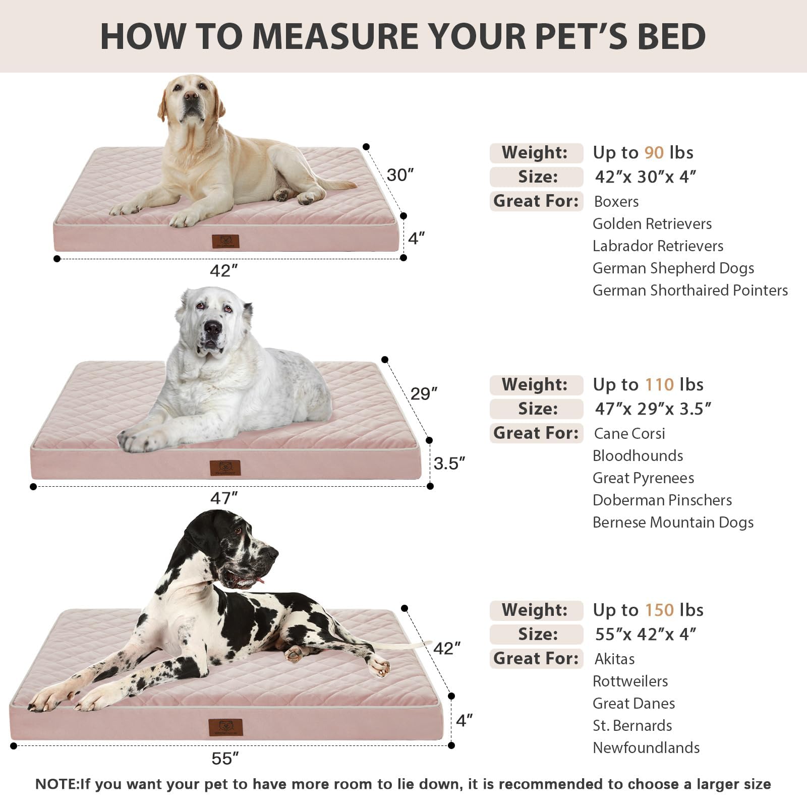 WNPETHOME large 55x42x4 inches dog bed fits dogs up to 150 pounds.