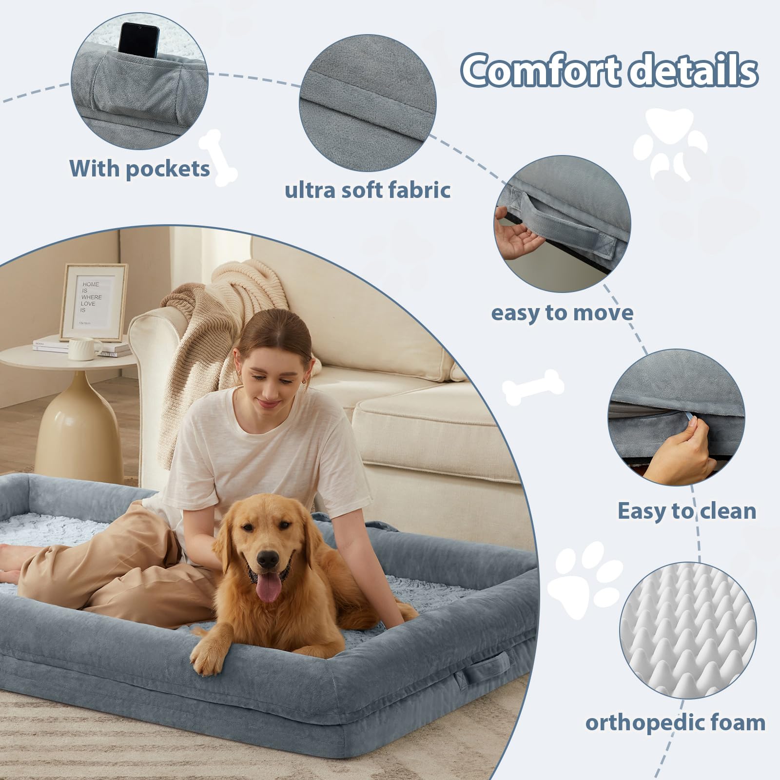 WNPETHOME dog bed waterproof cover zipper detail for easy cleaning