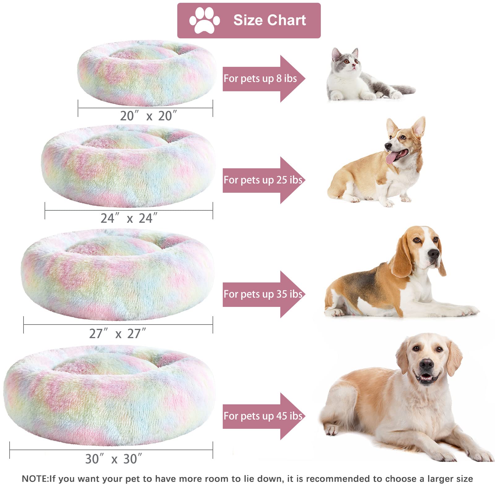 WNPETHOME donut bed 27x27x8 dimensions show ample space for medium pets.