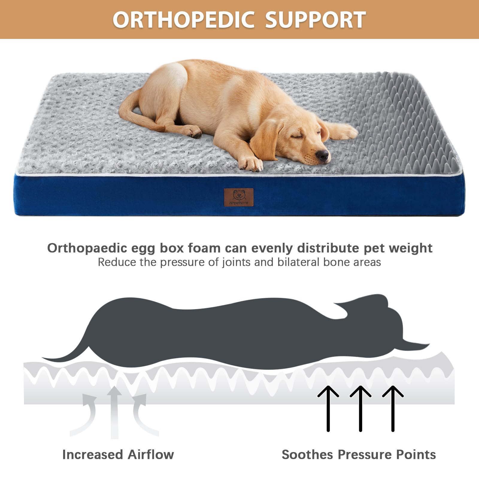 WNPETHOME orthopedic bed with dogs lounging demonstrates extra-large space and joint-friendly support