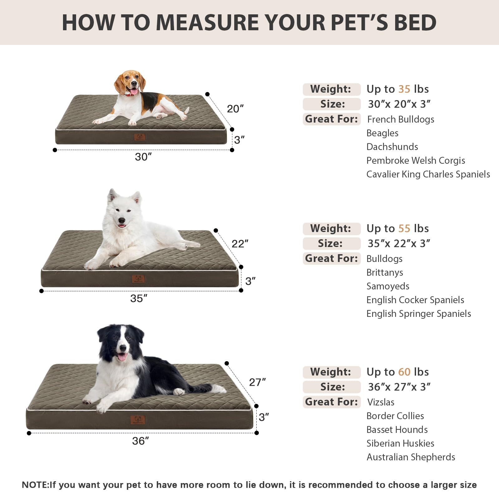 WNPETHOME orthopedic XL bed measures 36 x 27 inches suitable for dogs under 60 pounds