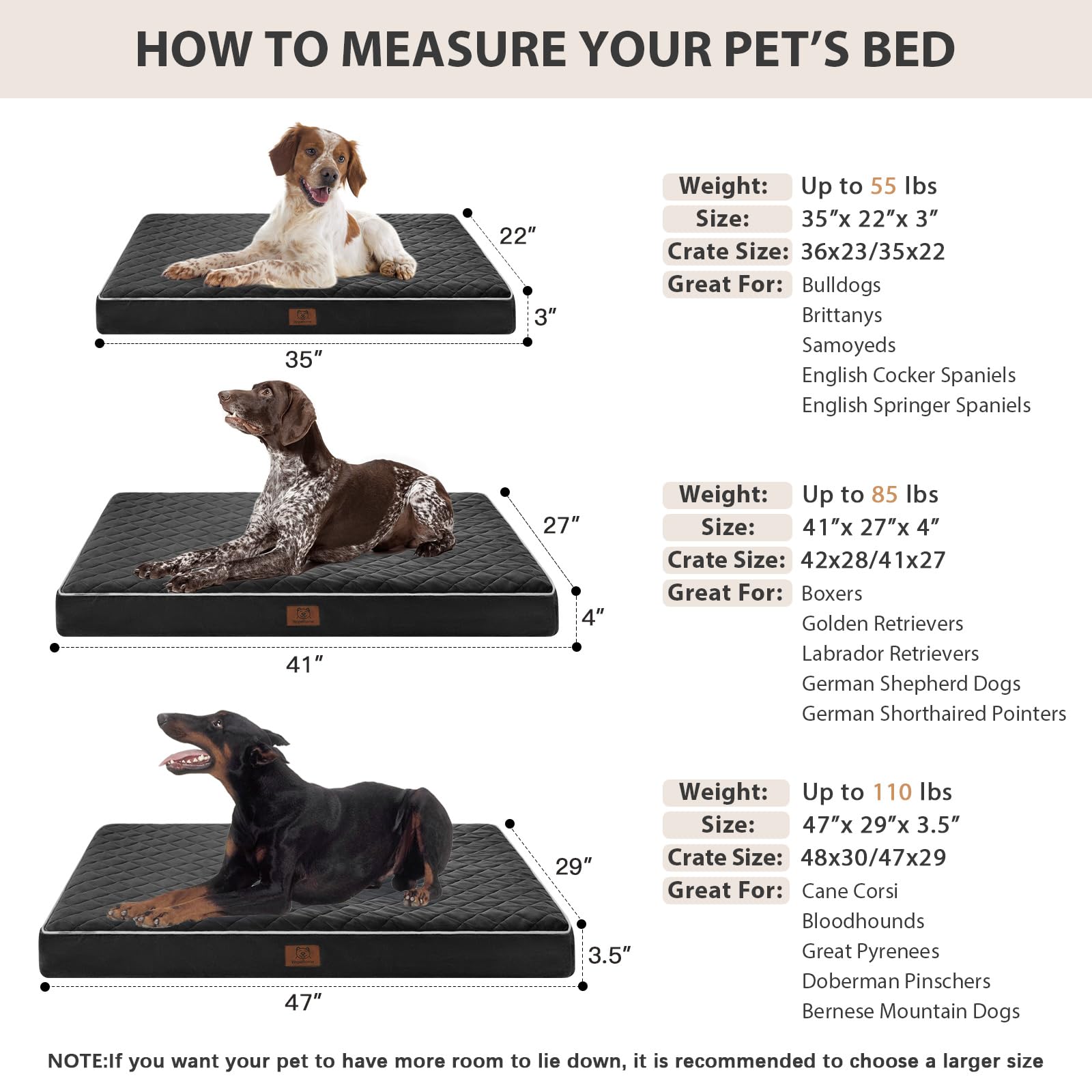 WNPETHOME Orthopedic XL bed dimensions 41x27x4 inches fit large crate dogs.