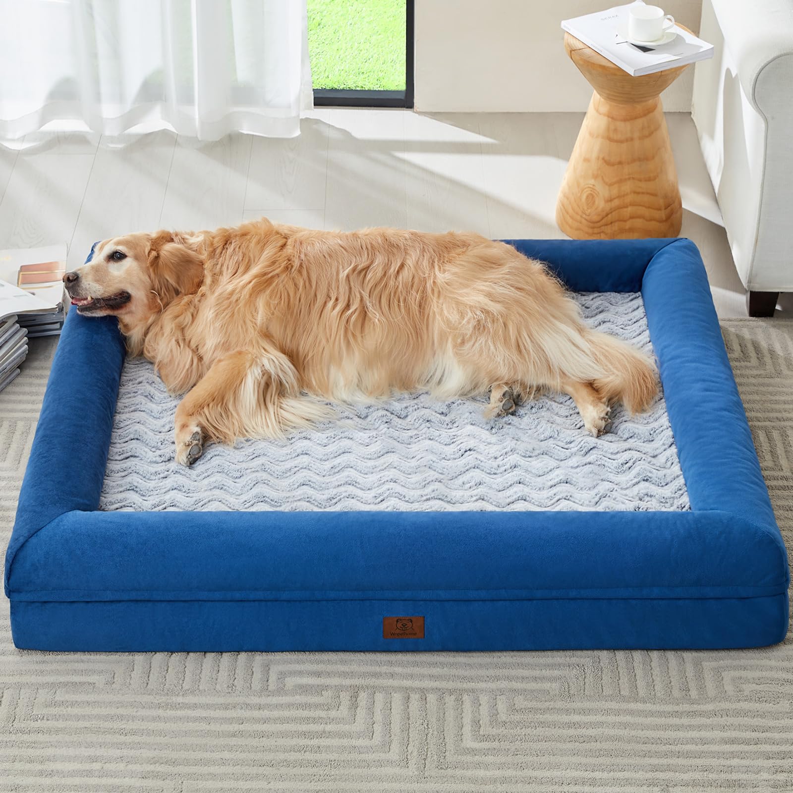 WNPETHOME XL dog bed front view with plush velvet and bolster for cozy lounging.