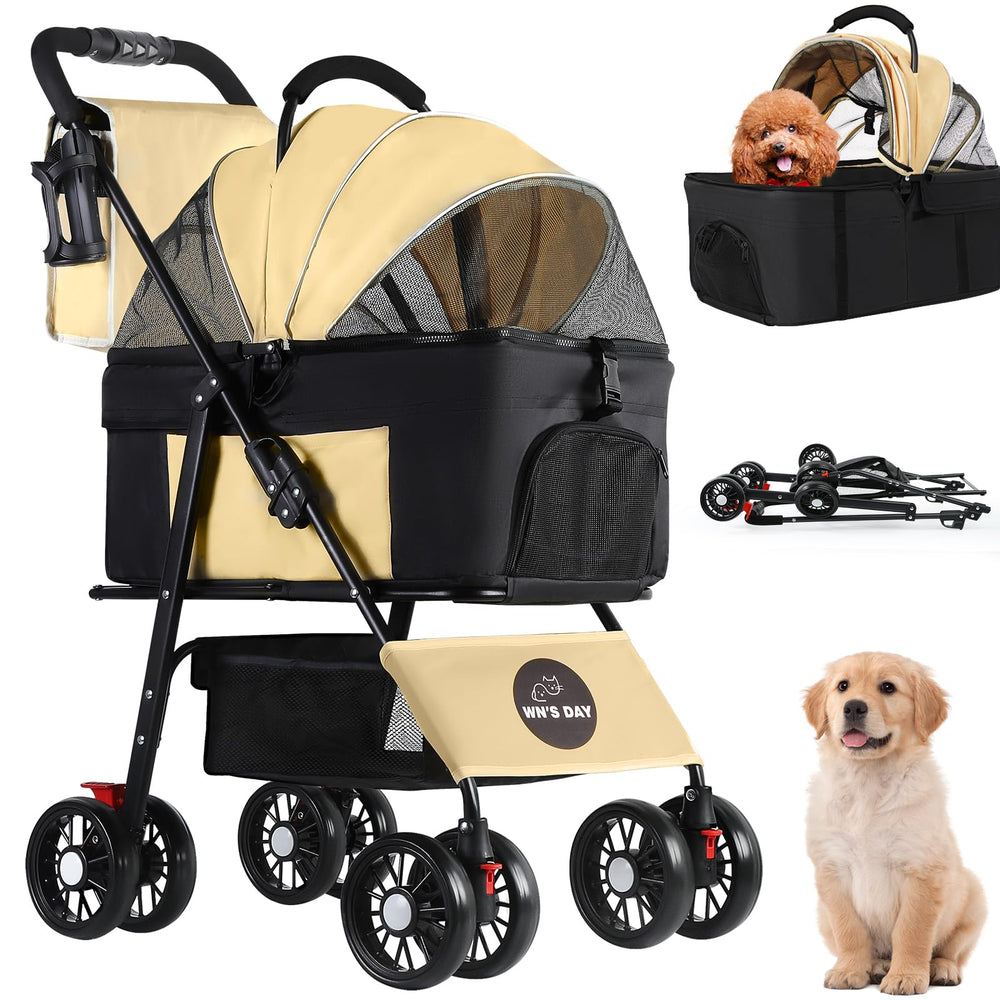 Wn's Day 3-in-1 pet stroller brown side view showing spacious interior and maneuverability